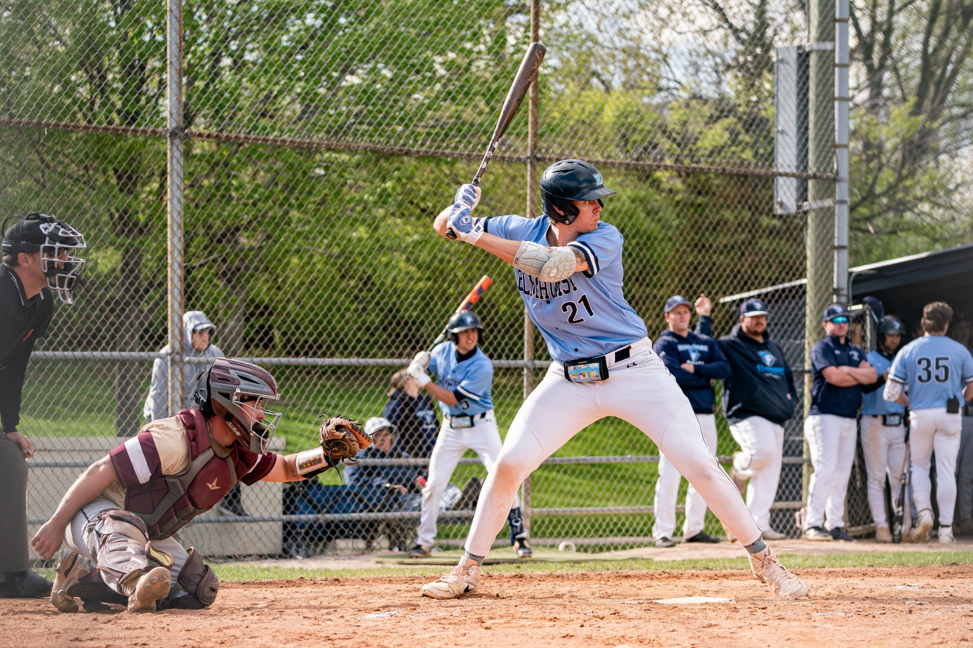 ELMHURST, IL - April 23rd, 2024 - Elmhurst Infielder Rock Smith (#21) during the game between the Eureka Red Devils and the Elmhurst Bluejays at Butterfield Park in Elmhurst, IL. Photo By Harry Figiel