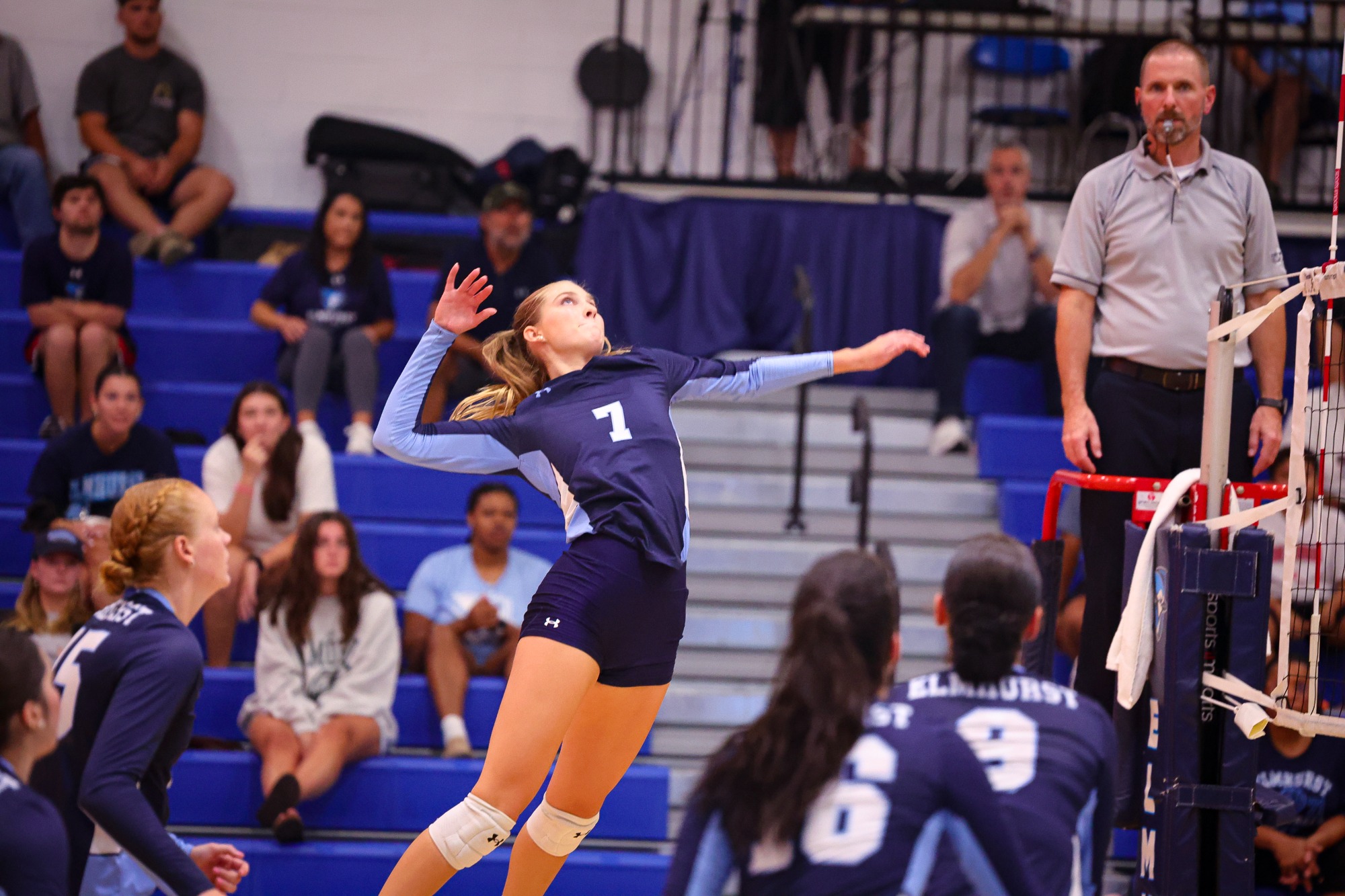 Ashley Clardy during the Elmhurst Women's Volleyball match vs. Aurora University on 9/19/2025. Photo by Norman Cohen/Elmhurst Athletics.