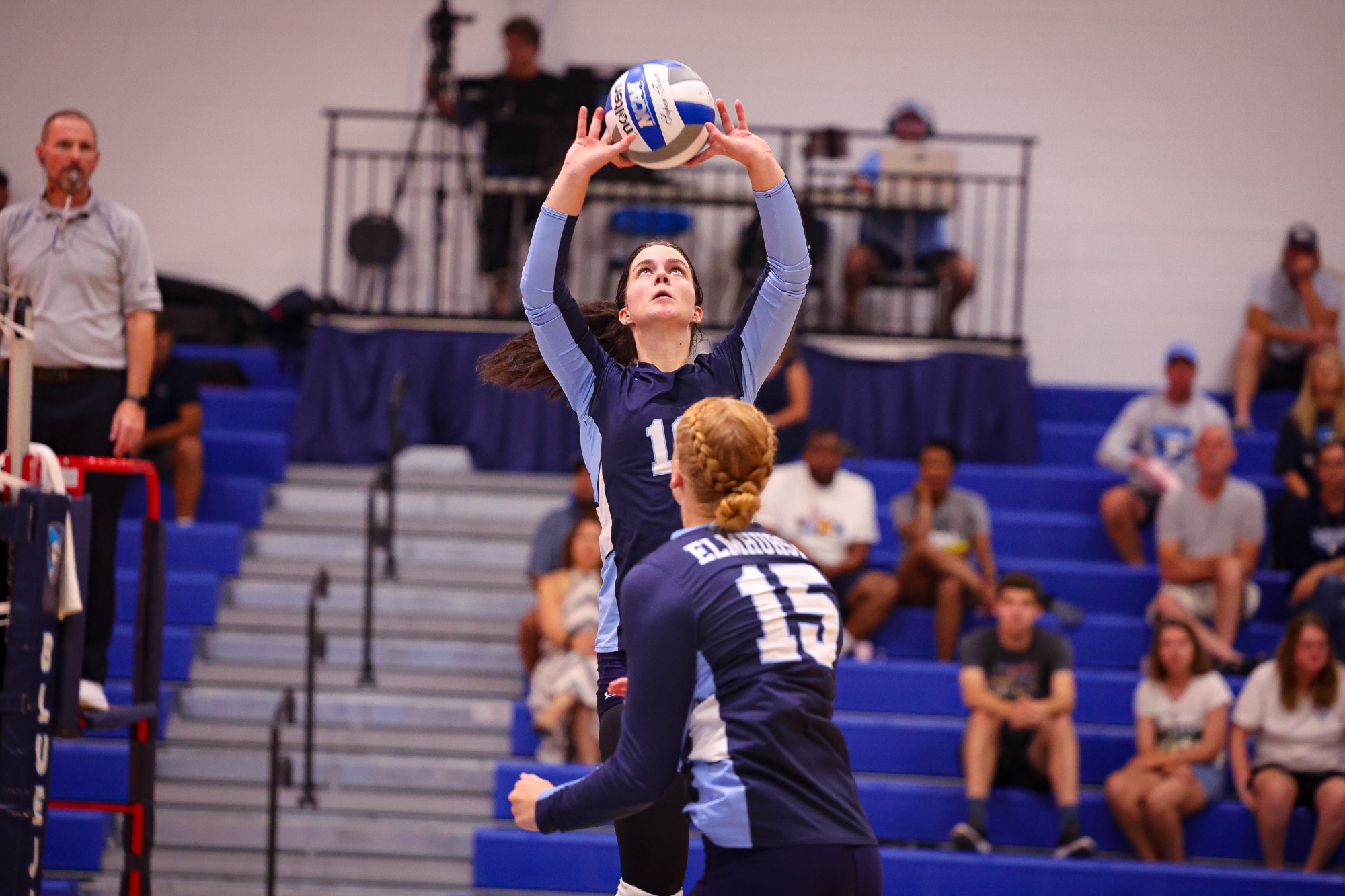 Freddie Temple during the Elmhurst Women's Volleyball match vs. Aurora University on 9/19/2025. Photo by Norman Cohen/Elmhurst Athletics.