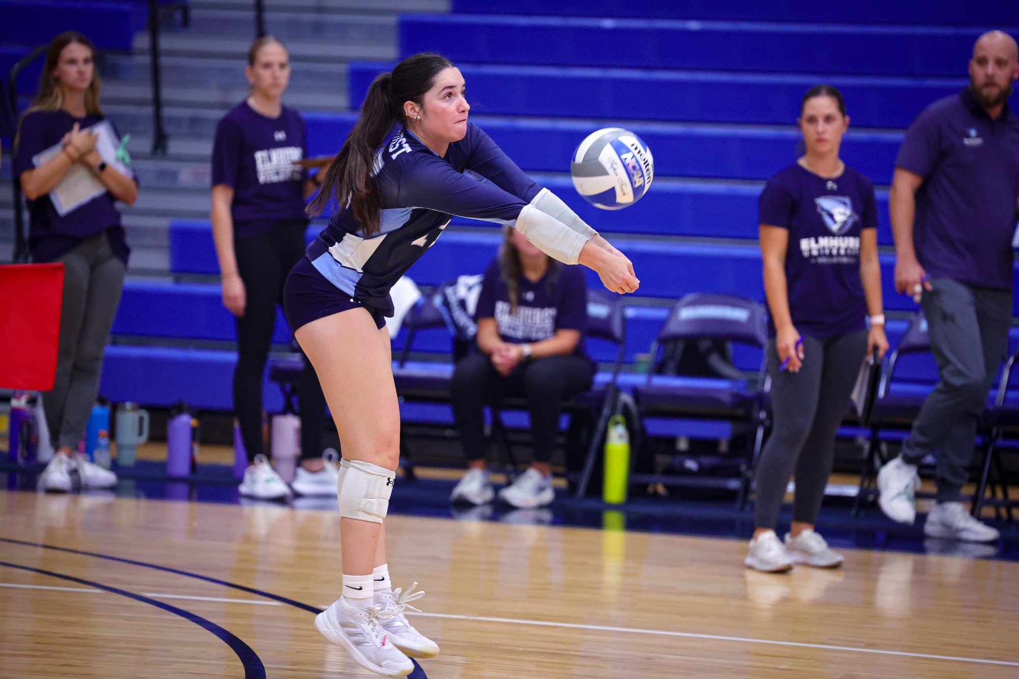 Peyton Moroney during the Elmhurst Women's Volleyball match vs. Aurora University on 9/19/2025. Photo by Norman Cohen/Elmhurst Athletics.