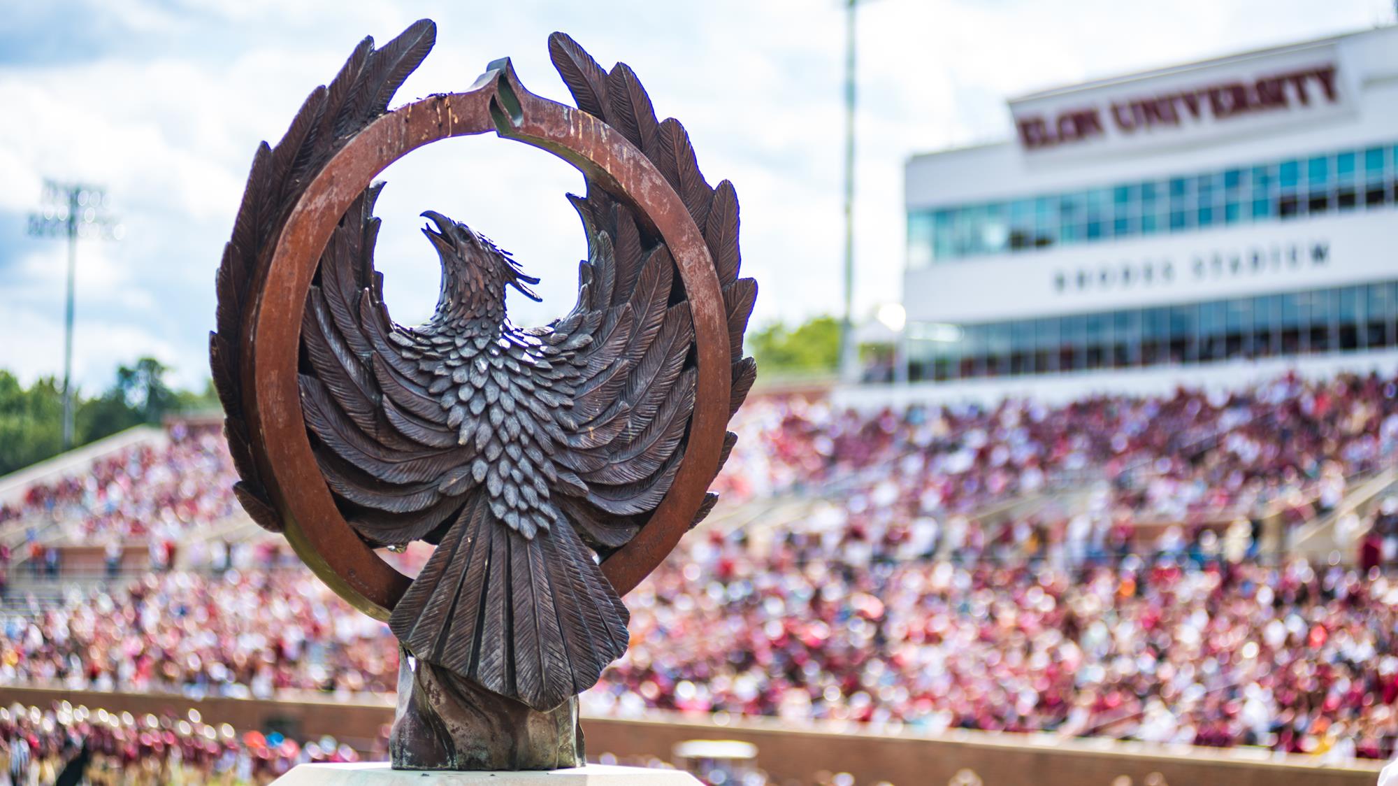 Elon Phoenix statue at Rhodes Stadium during Elon's 30-9 win over New Hampshire on Saturday, Sept. 29, 2018.