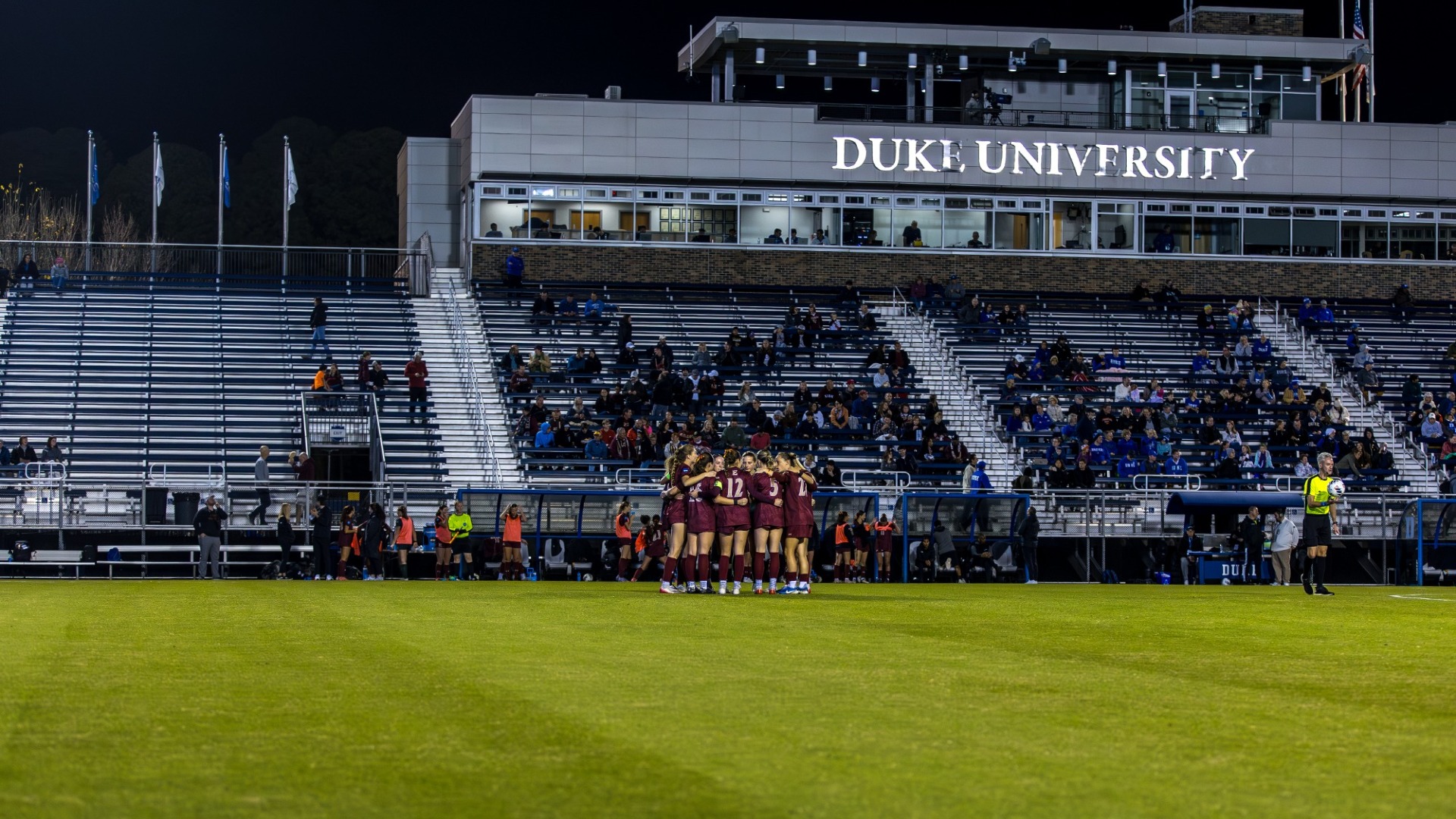 Women's soccer team huddle at Duke