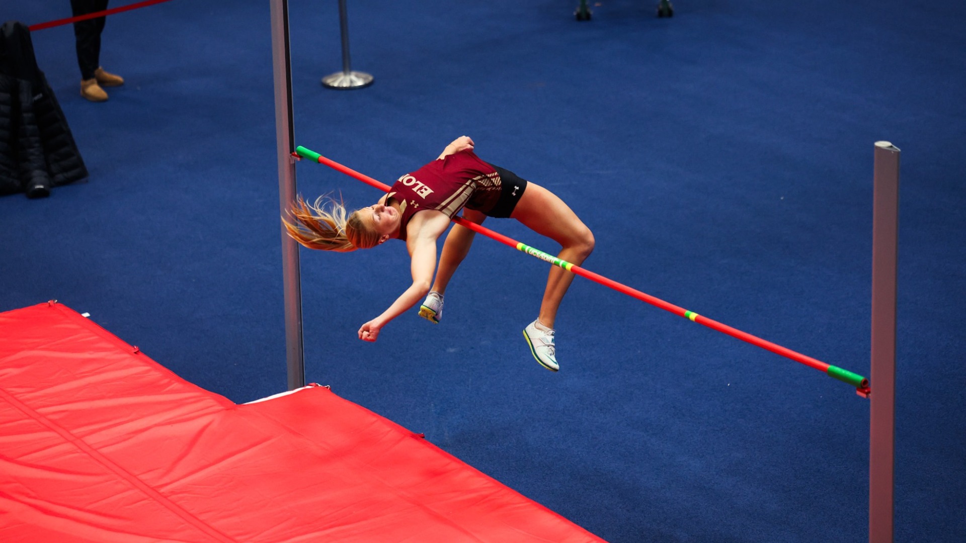 Hannah Schonhoff going over the bar in the high jump at the Liberty Kickoff 