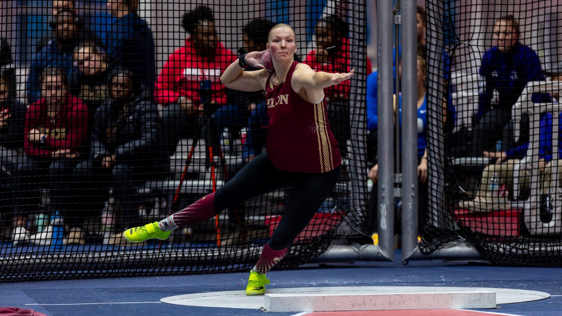 Isabella Johnson throwing the shot put at the Liberty Kickoff