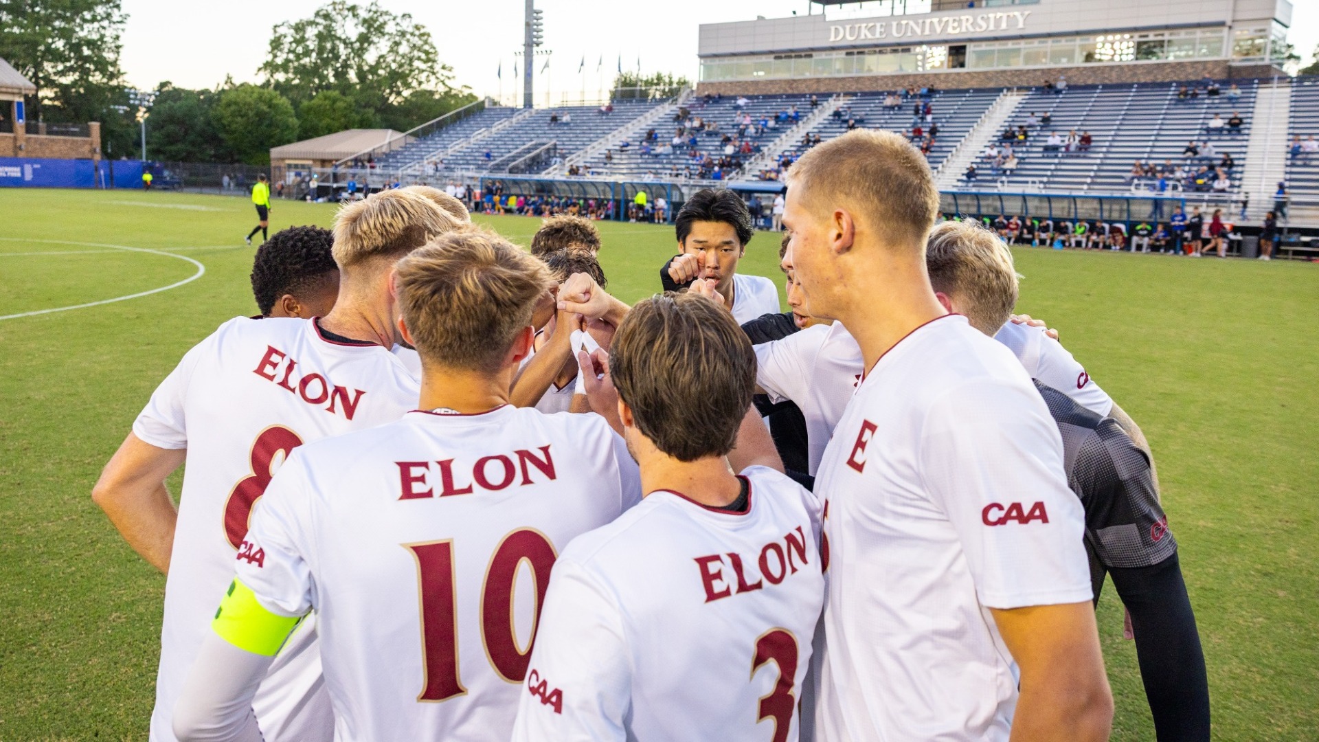 Men's Soccer huddle at Duke