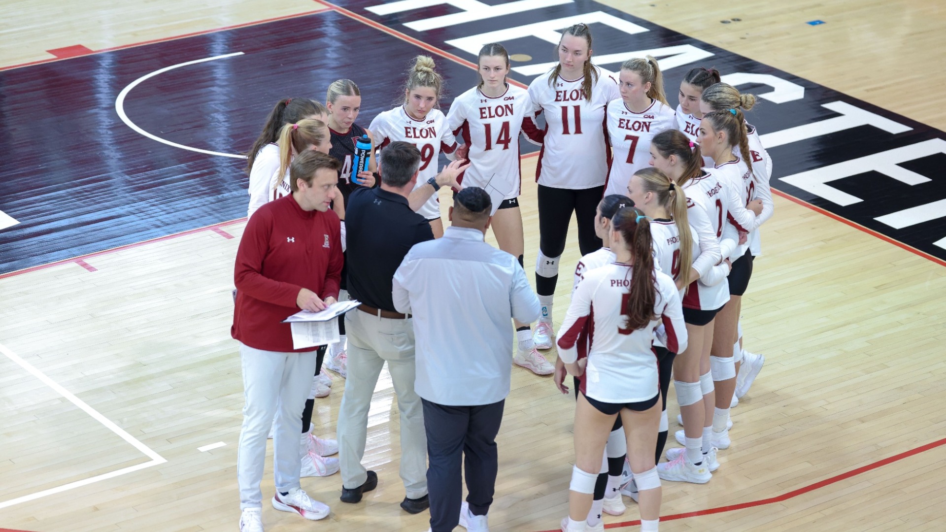 Elon Volleyball huddle at Northeastern on Oct. 10