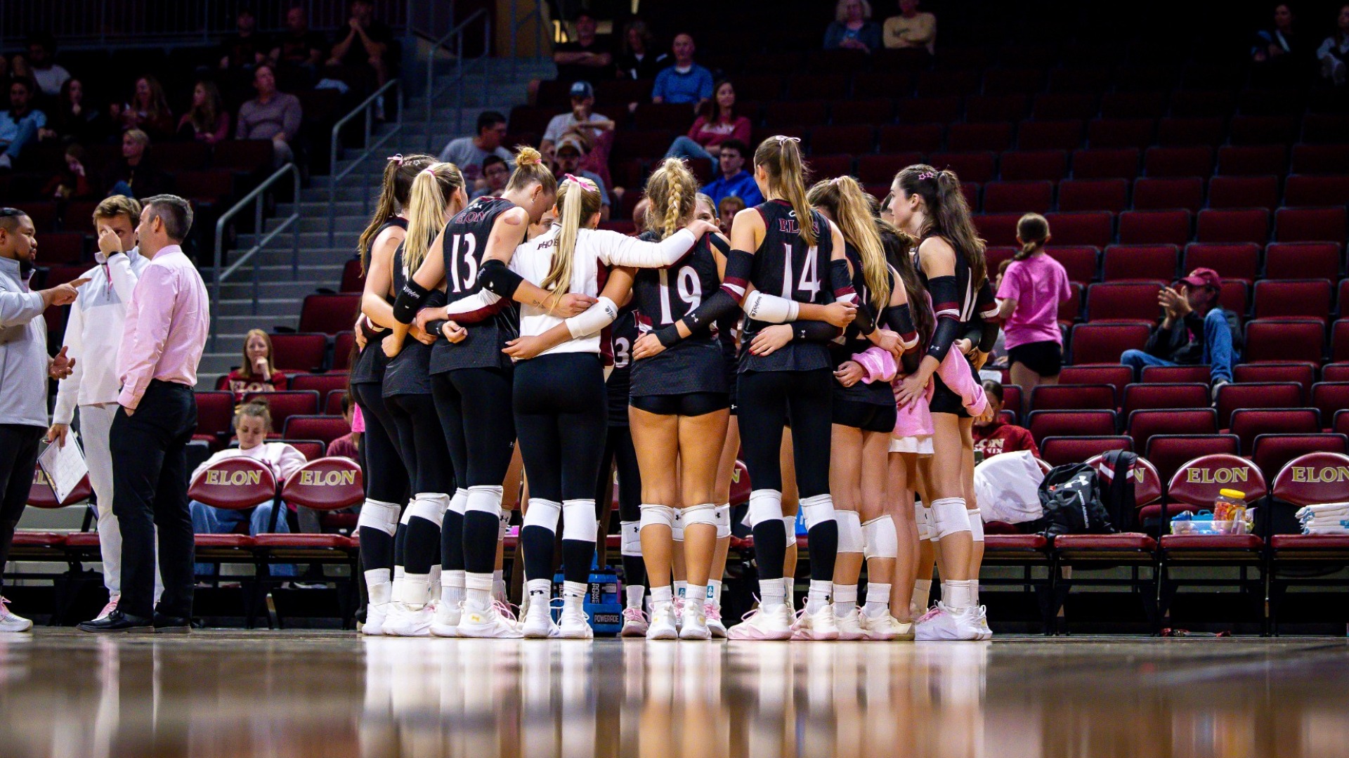 Elon Volleyball huddle versus Stony Brook on Oct. 3