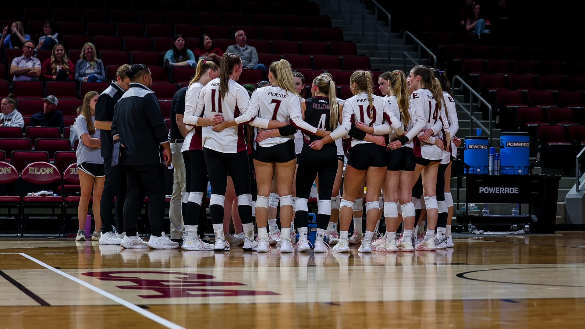 Elon Volleyball huddle versus Campbell on Oct. 30