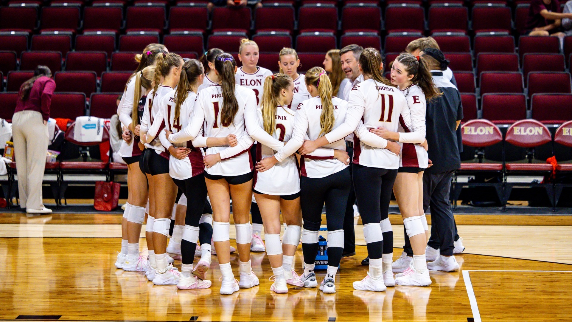 Elon Volleyball huddle versus Stony Brook on Oct. 2