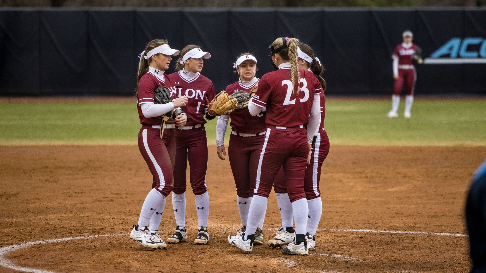Elon Softball huddle at North Carolina