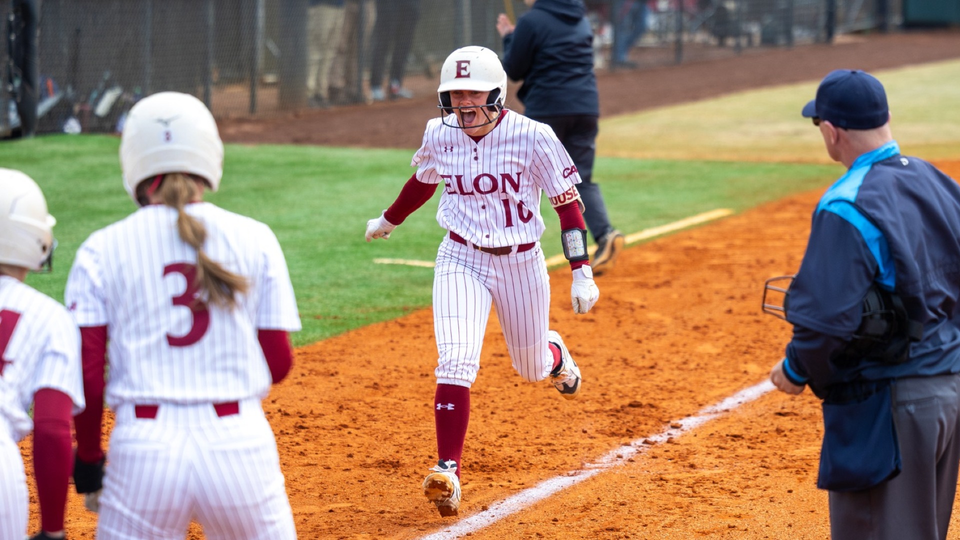 Mary Moss Wirt celebrates after a home run versus Mount St. Mary's on Feb. 12