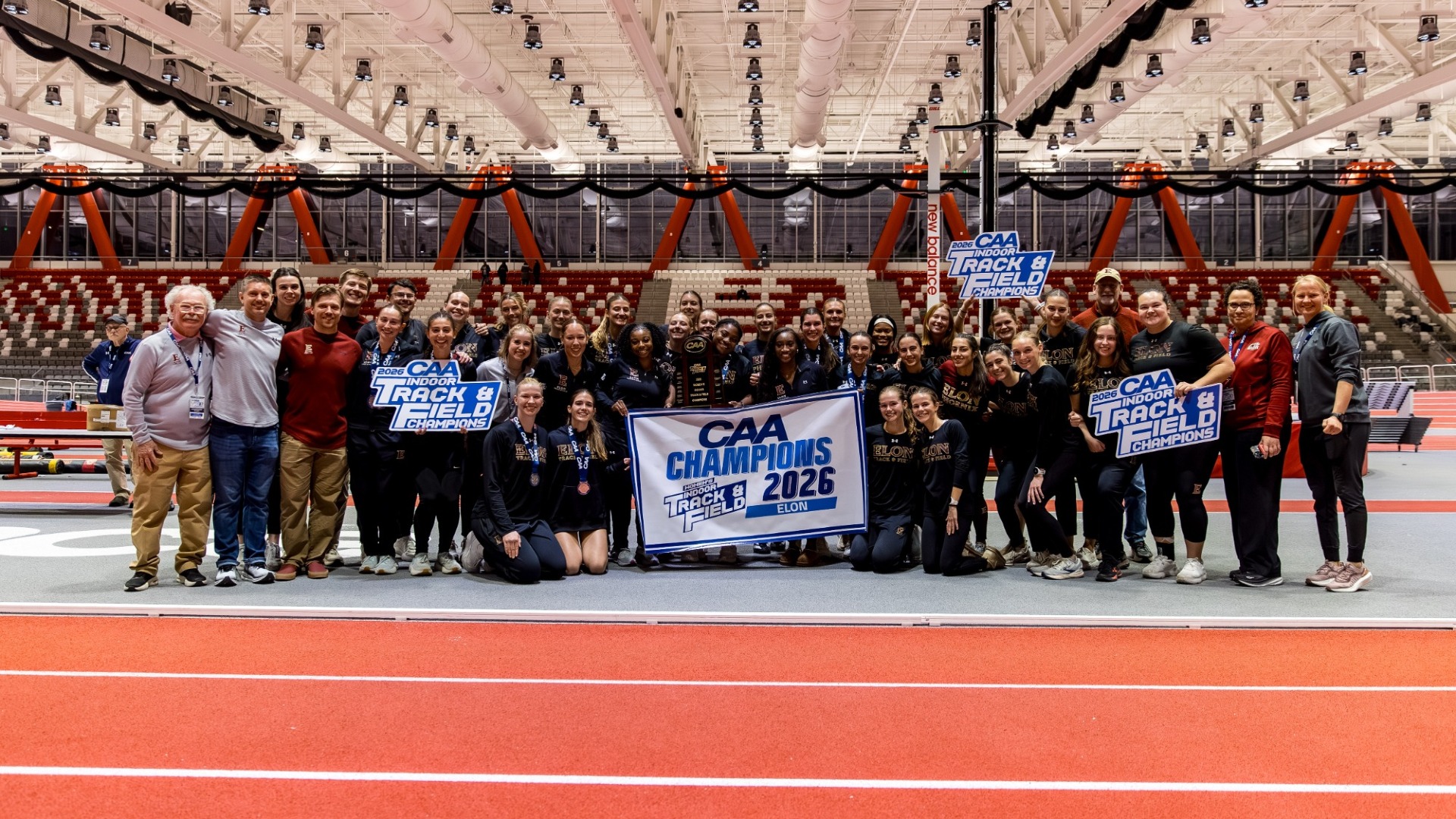 Elon Women's Track & Field Championship Team photo at the 2026 CAA Indoor Championships