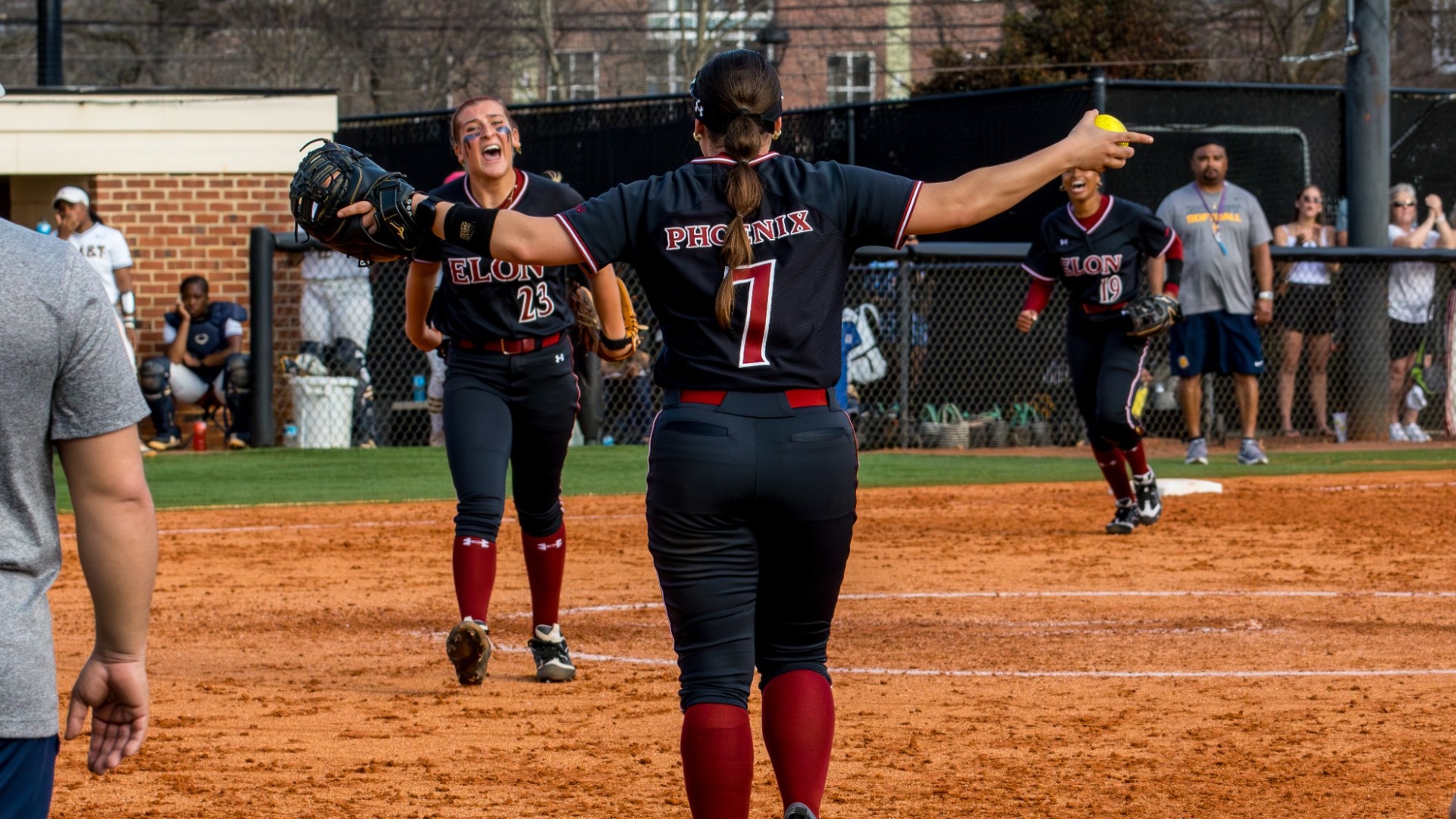 Teagan Baulsir and Lia Miller celebrate after a win versus N.C. A&T on March 7