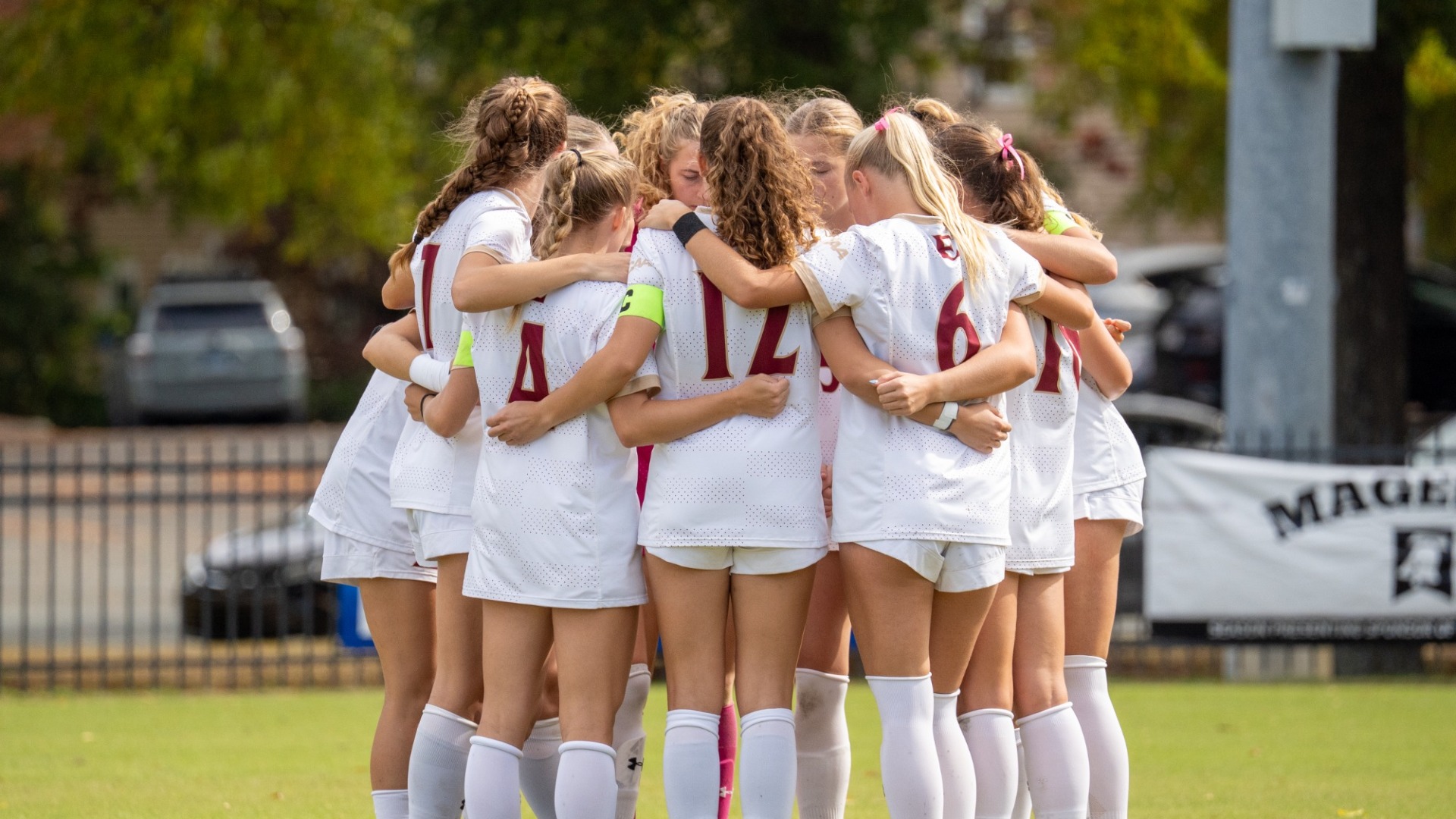 Women's Soccer huddle vs. Towson