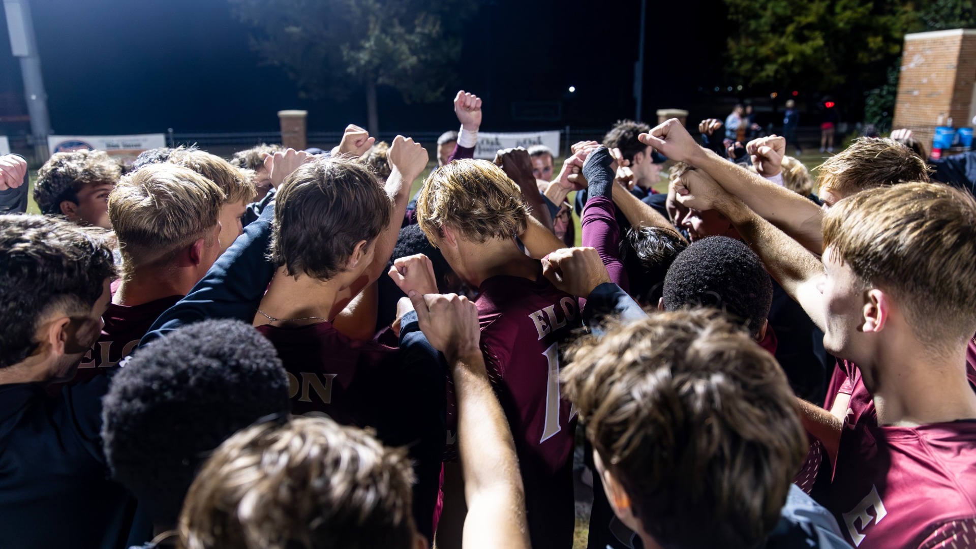 Men's Soccer huddle vs. Campbell