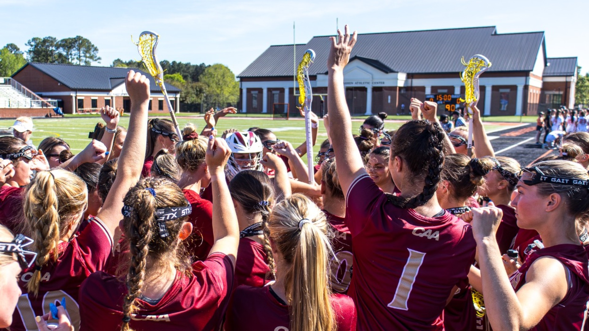 Women's Lacrosse huddle at Campbell