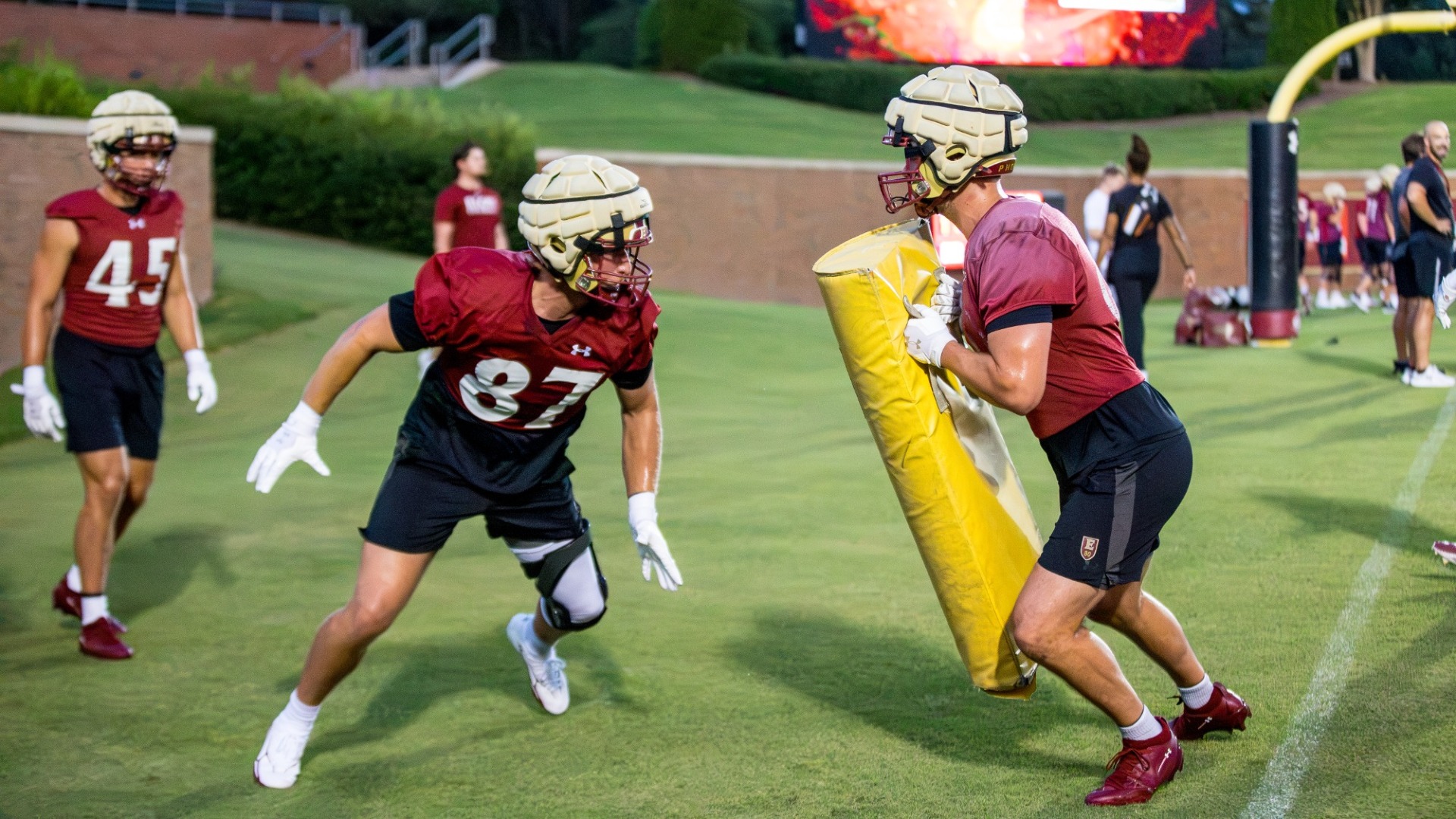 Brendan Hester and Jack O'Connell in a tight end drill