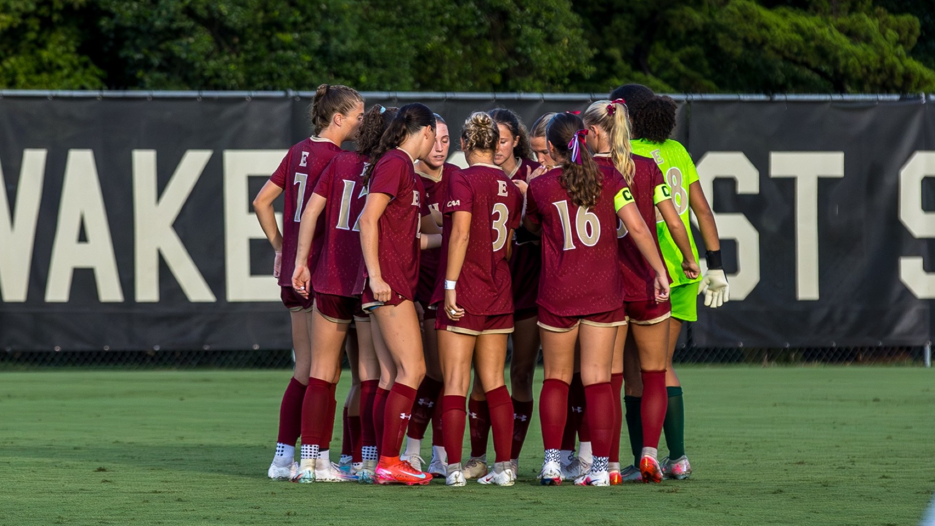 Women's Soccer huddle at Wake Forest