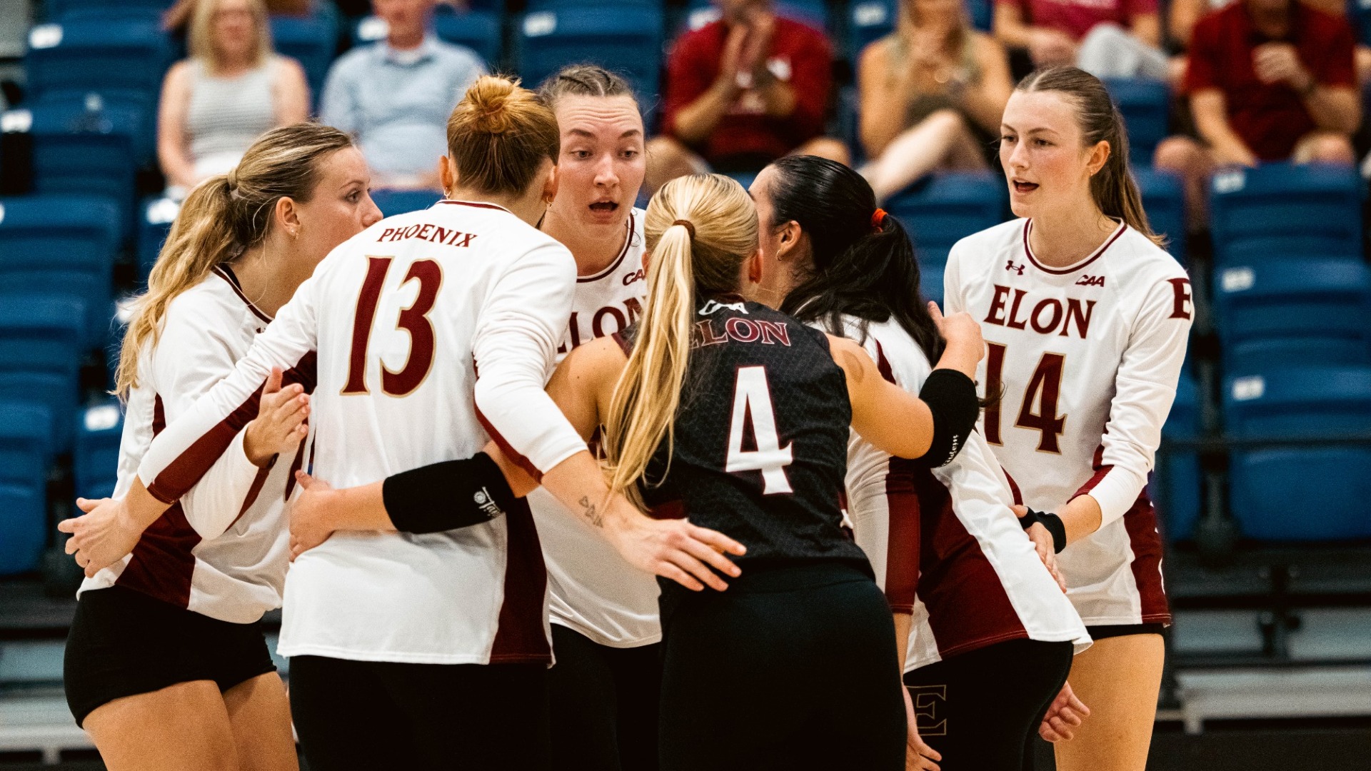 Elon Volleyball huddle versus Norfolk State