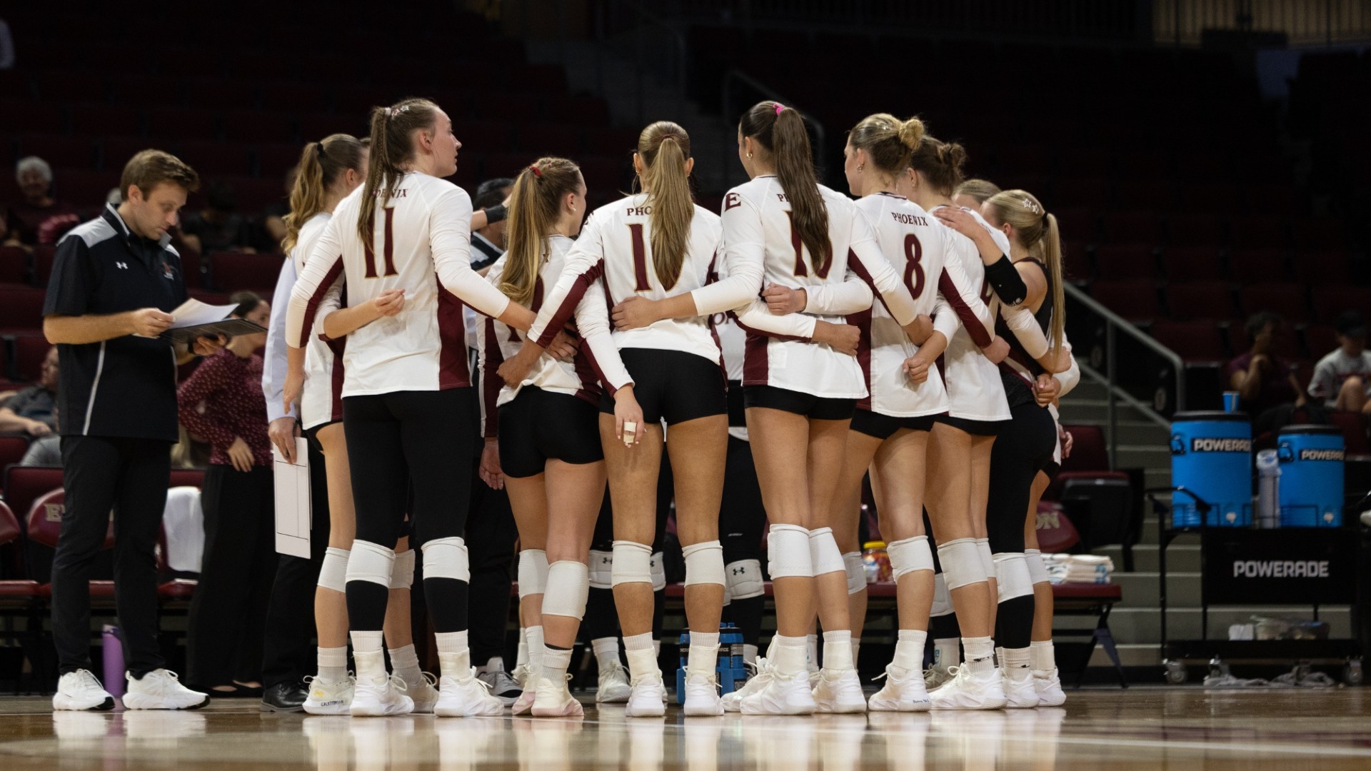 Elon Volleyball huddle versus Charleston on Sept. 19