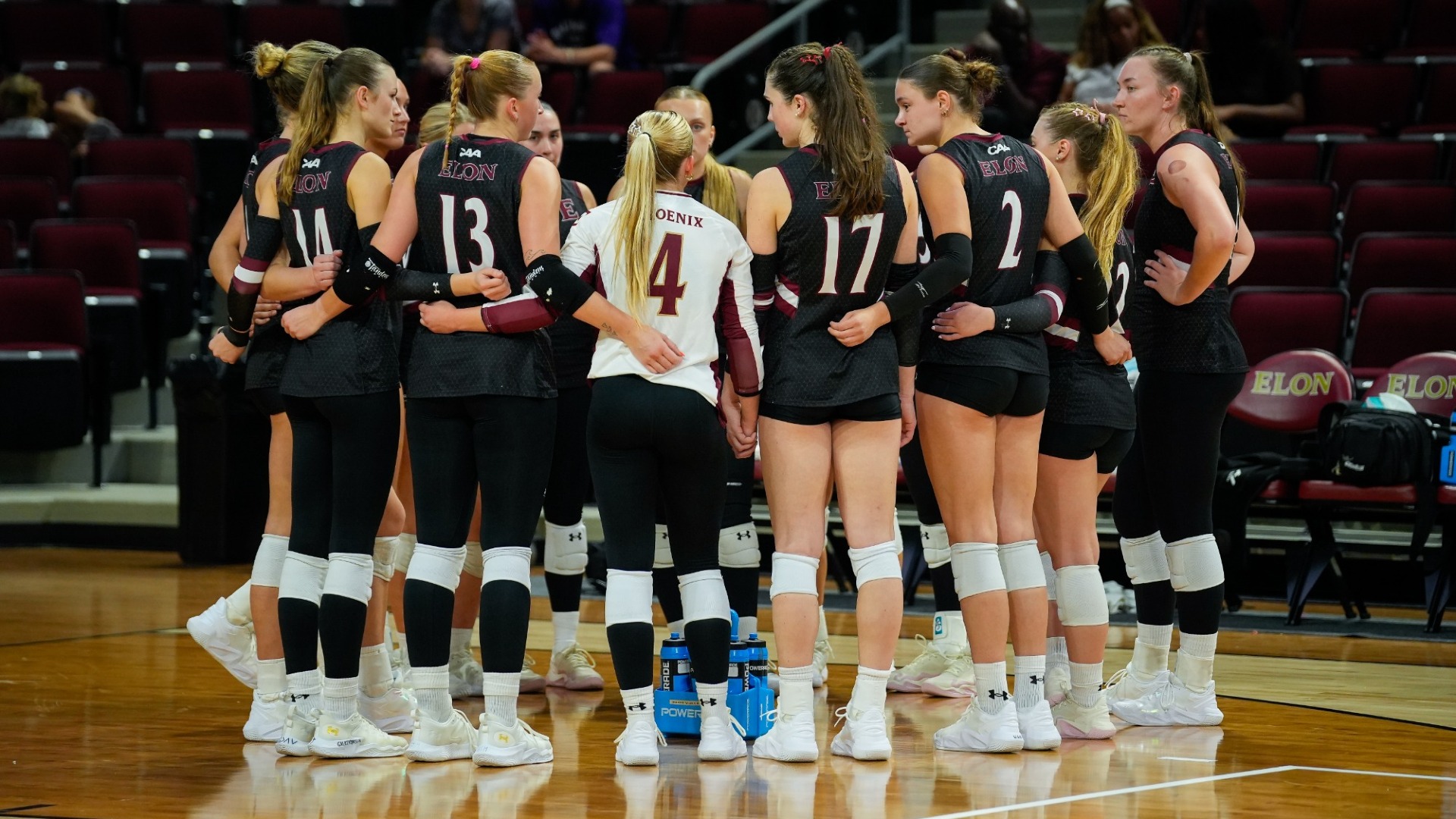 Elon Volleyball huddle versus Charleston on Sept. 20