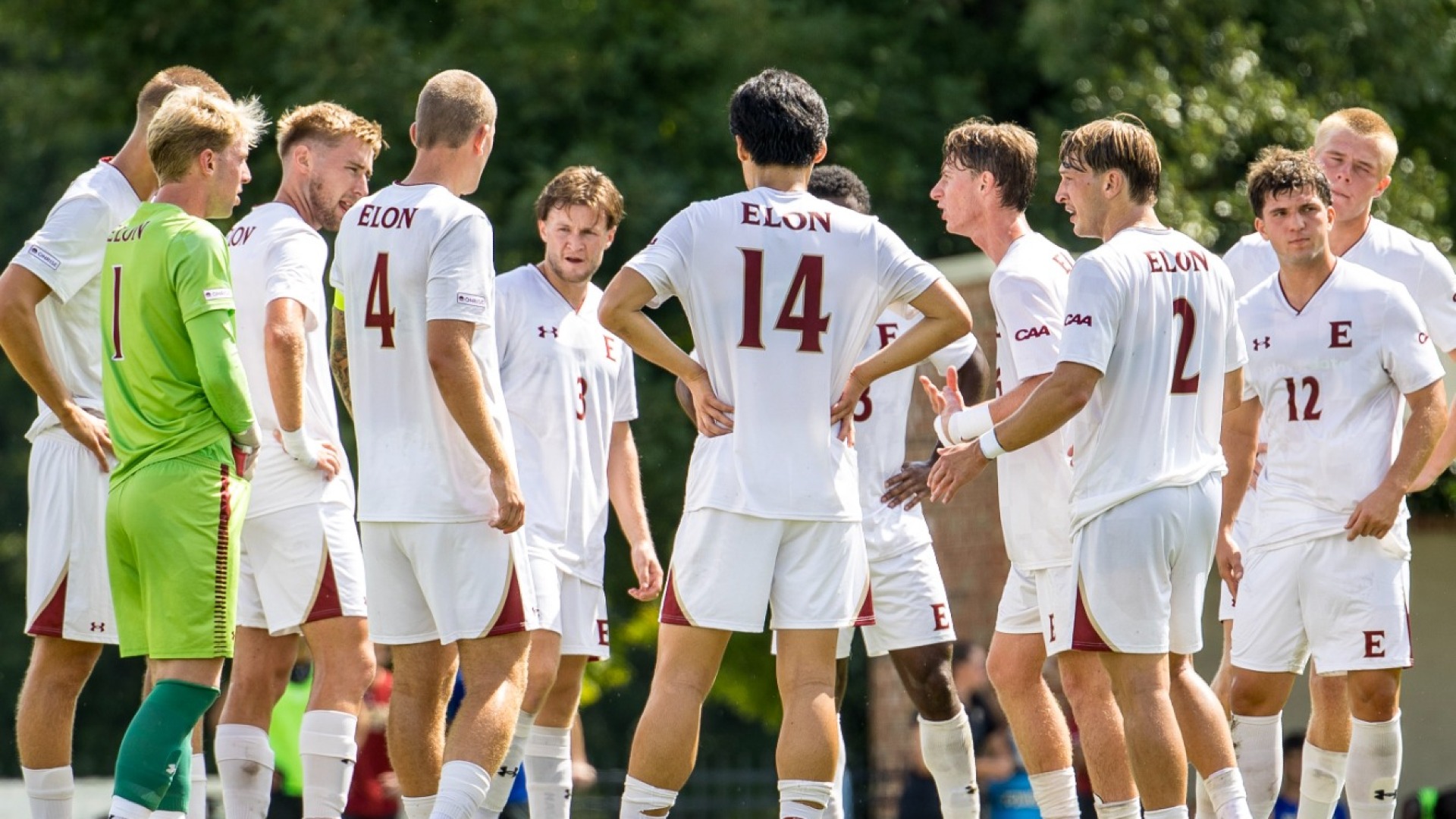 Men's Soccer huddle vs. Charleston