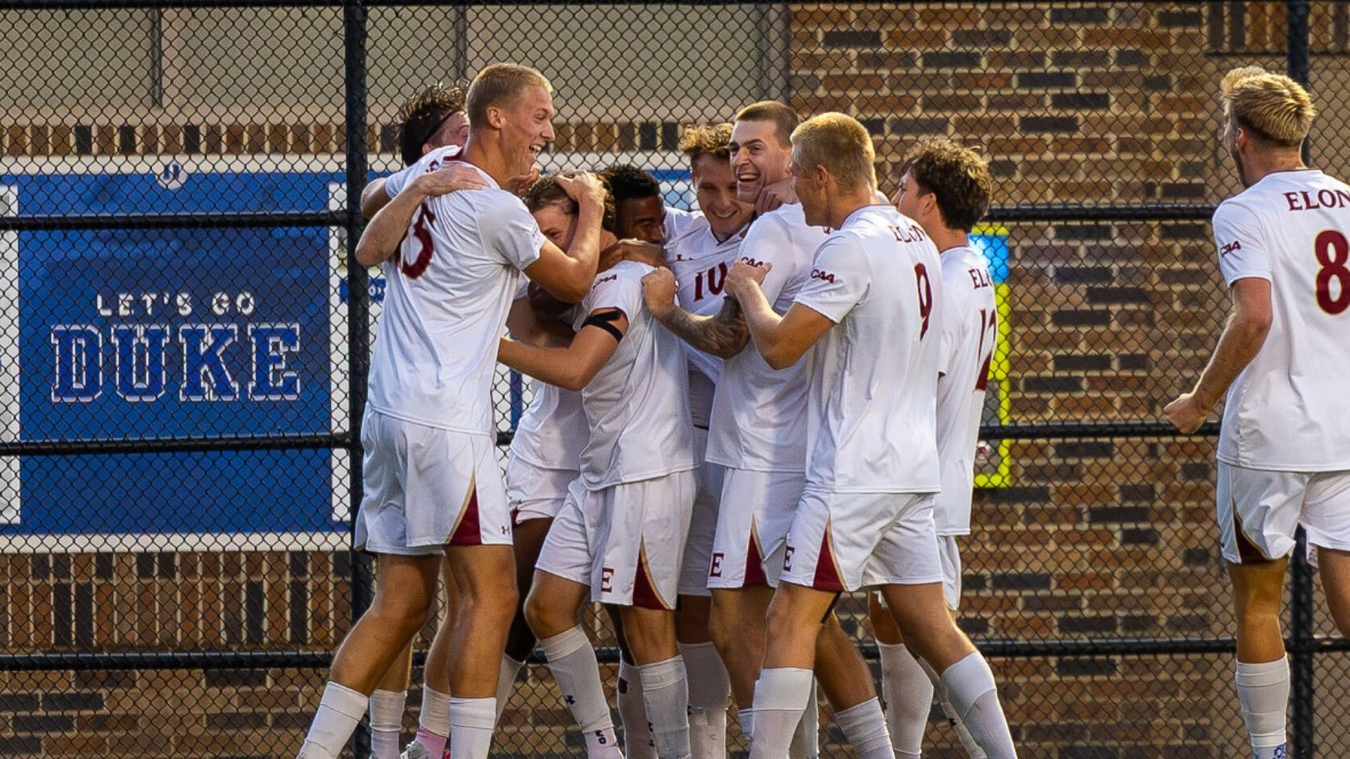 Men's soccer celebrates goal at Duke