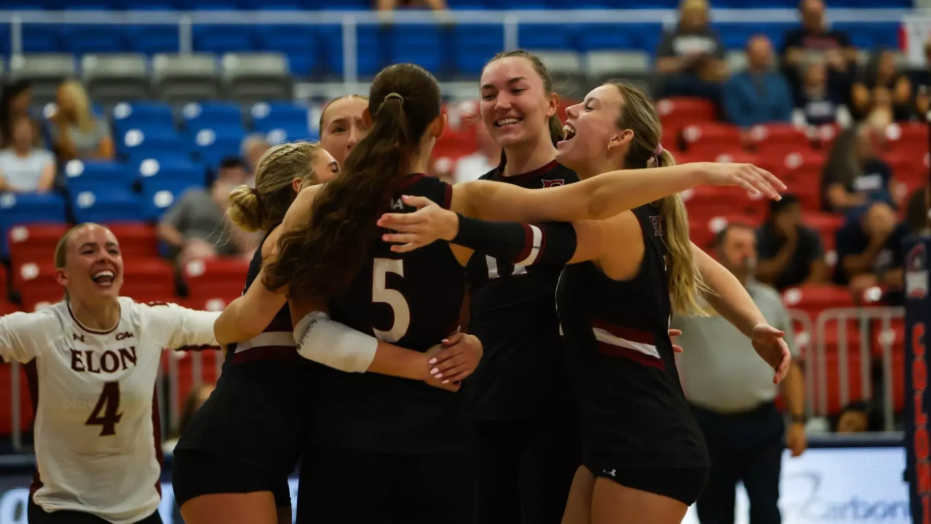 Elon volleyball celebrates versus Robert Morris