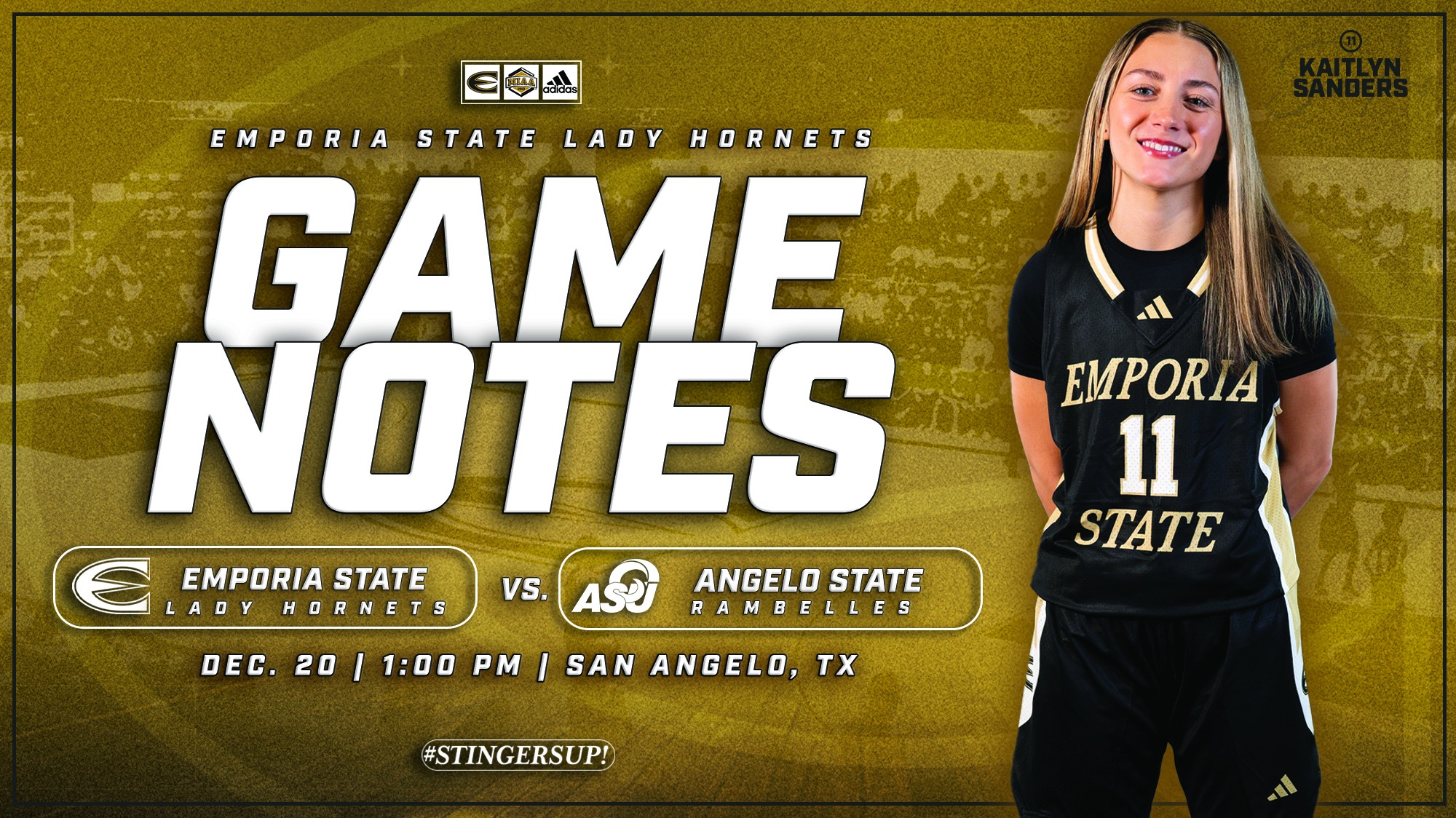 2025-26 Emporia State Lady Hornet Basketball Game Notes Graphic at Angelo State