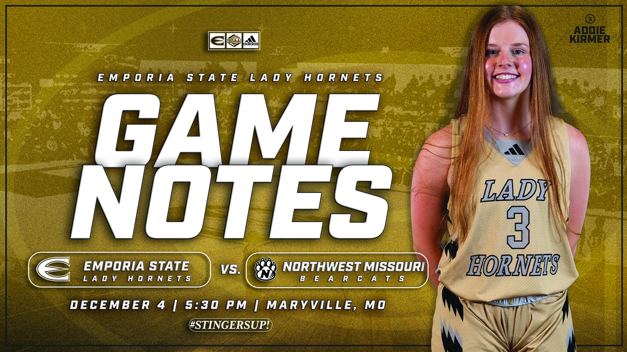 2025-26 Emporia State Lady Hornet Basketball Game Notes Graphic at NWMSU