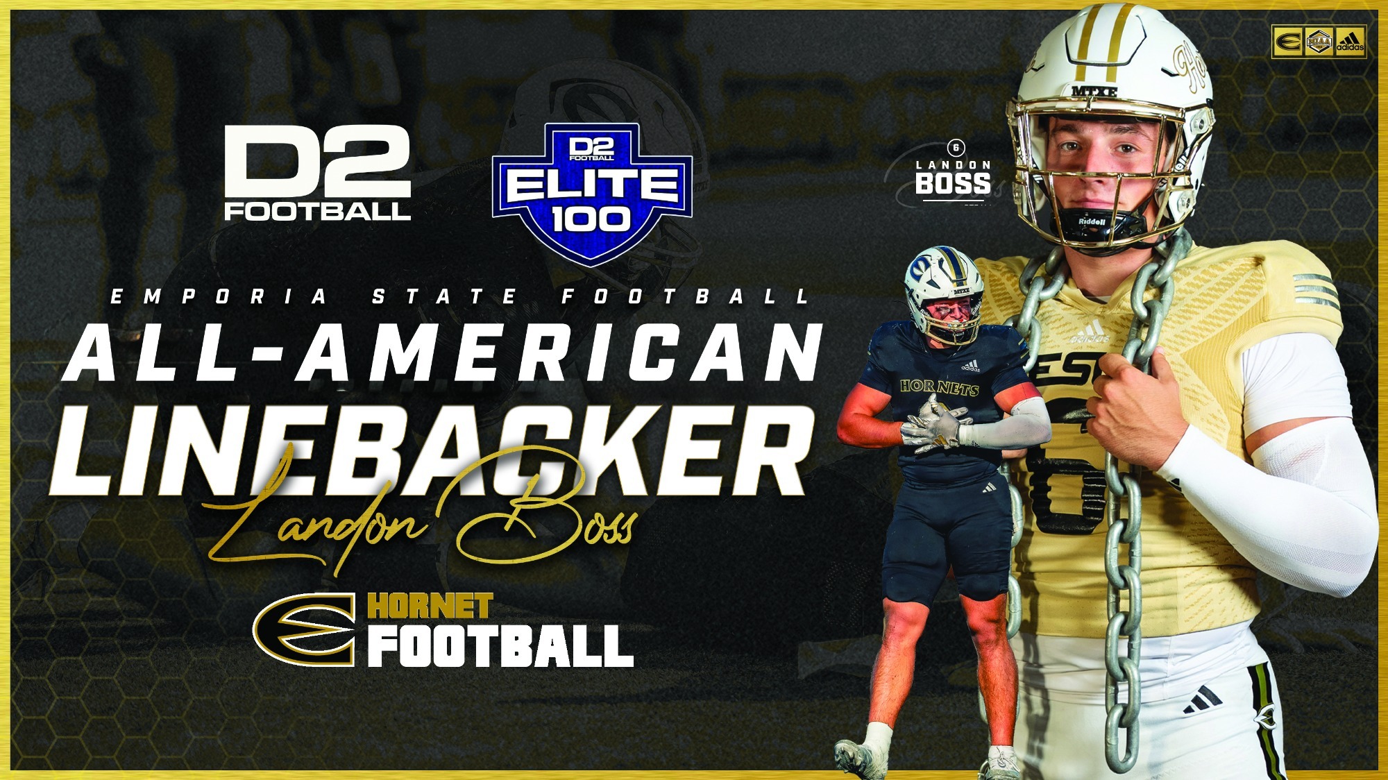 2025 Emporia State Linebacker Landon Boss D2Football.com All-American graphic