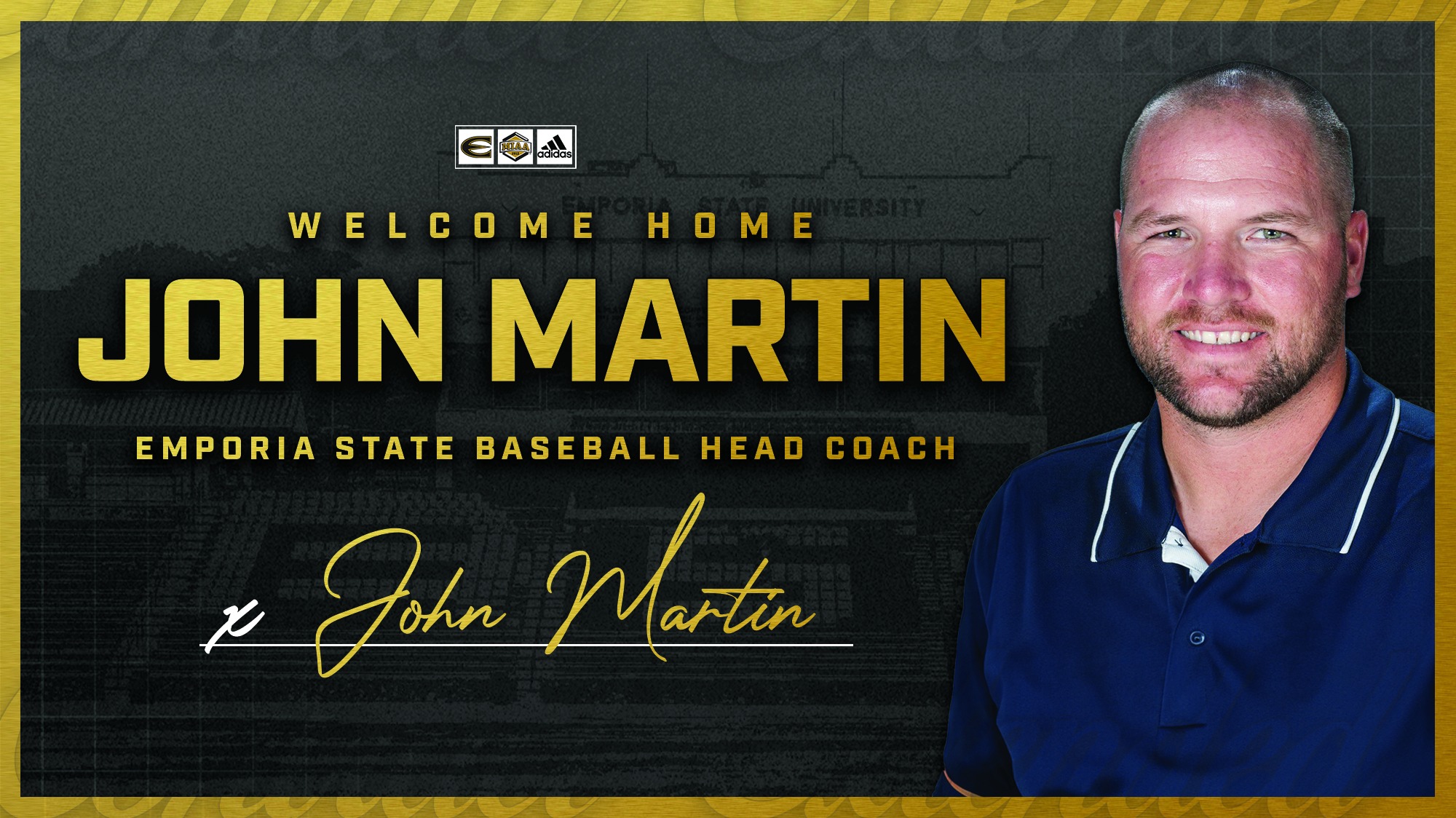 Welcome Home Emporia State Baseball Coach John Martin Graphic
