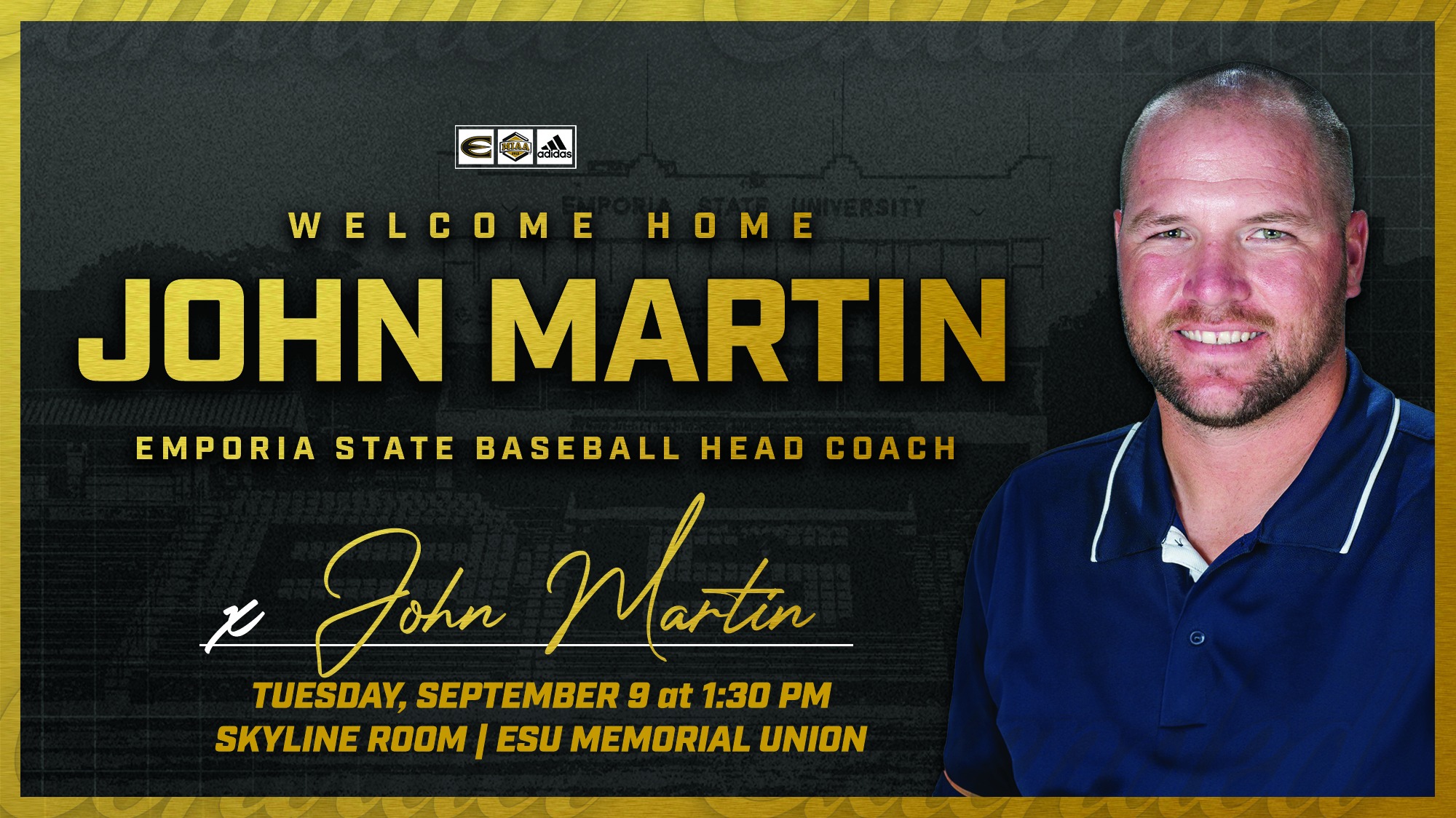 2025 John Martin Emporia State Baseball Coach Press Conference Graphic