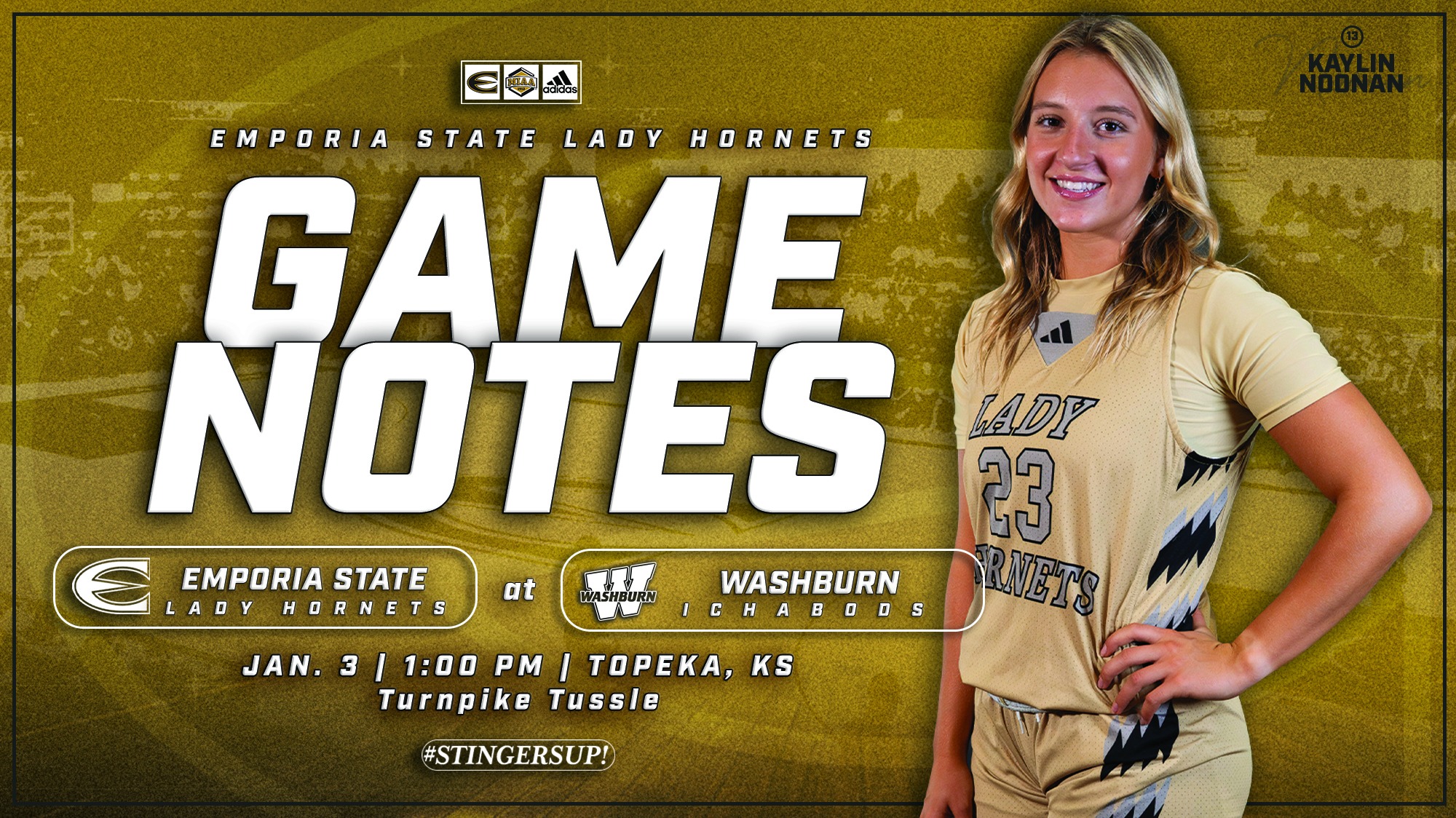 2025-26 Emporia State Lady Hornet Basketball Game Notes Graphic at Washburn