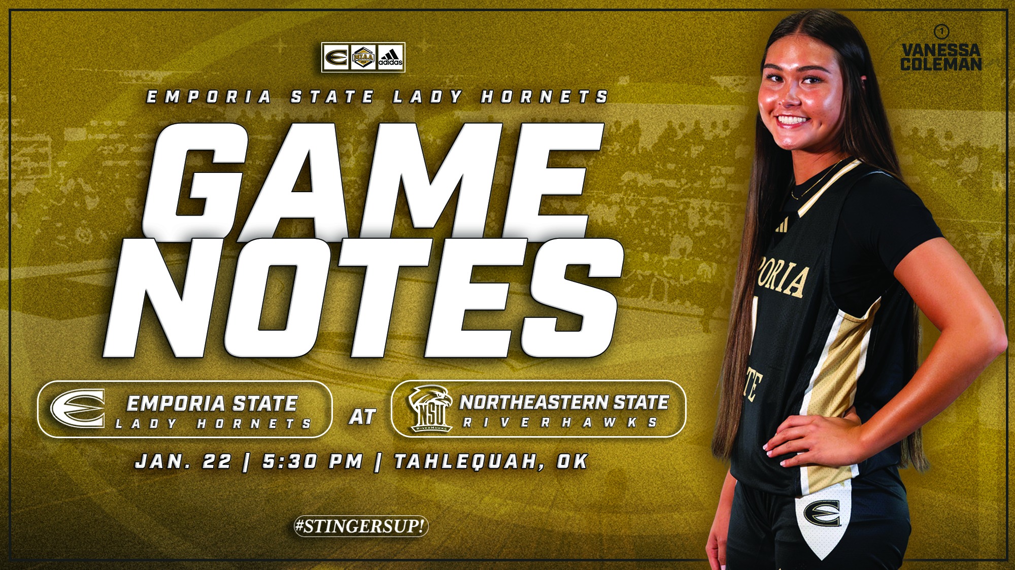 2025-26 Emporia State Lady Hornet Basketball Game Notes Graphic at NSU