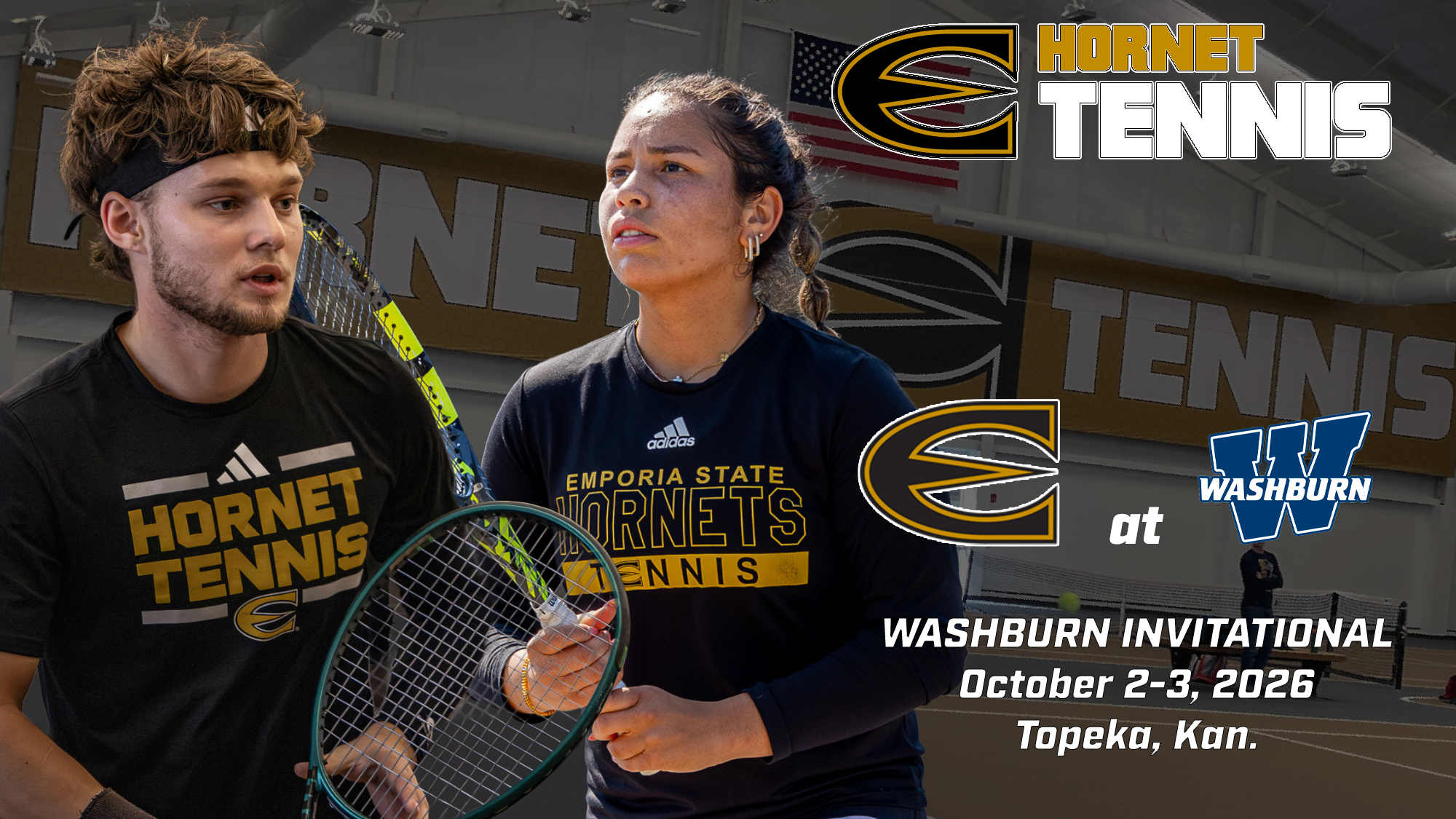2026 Emporia State Tennis Notes Graphic at Washburn Invitational October 2-3 with Alexis Mattenberger and Giovanna Ferriera