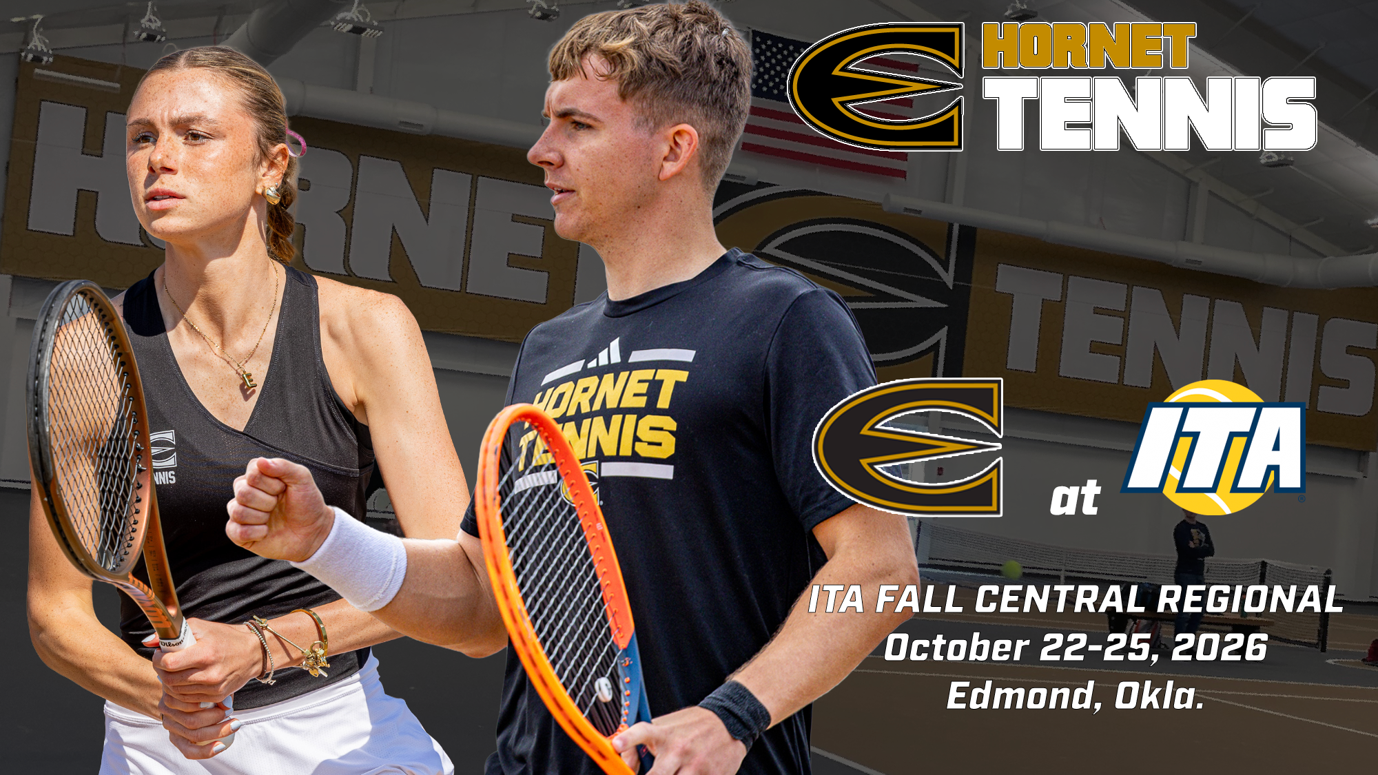 2026 Emporia State Tennis Notes Graphic at ITA Fall Regional with Erin Cahill and Luke West