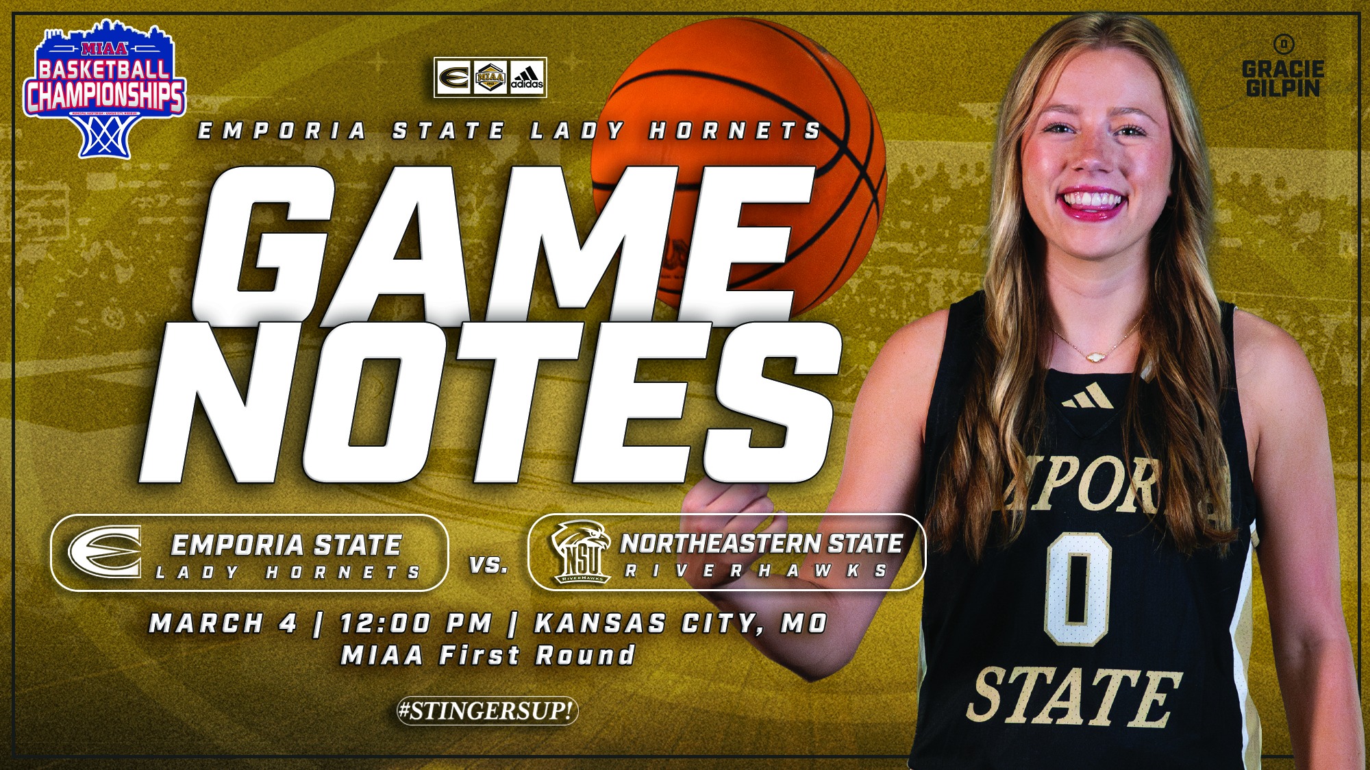 2025-26 Emporia State Lady Hornet Basketball Game Notes Graphic in MIAA First Round