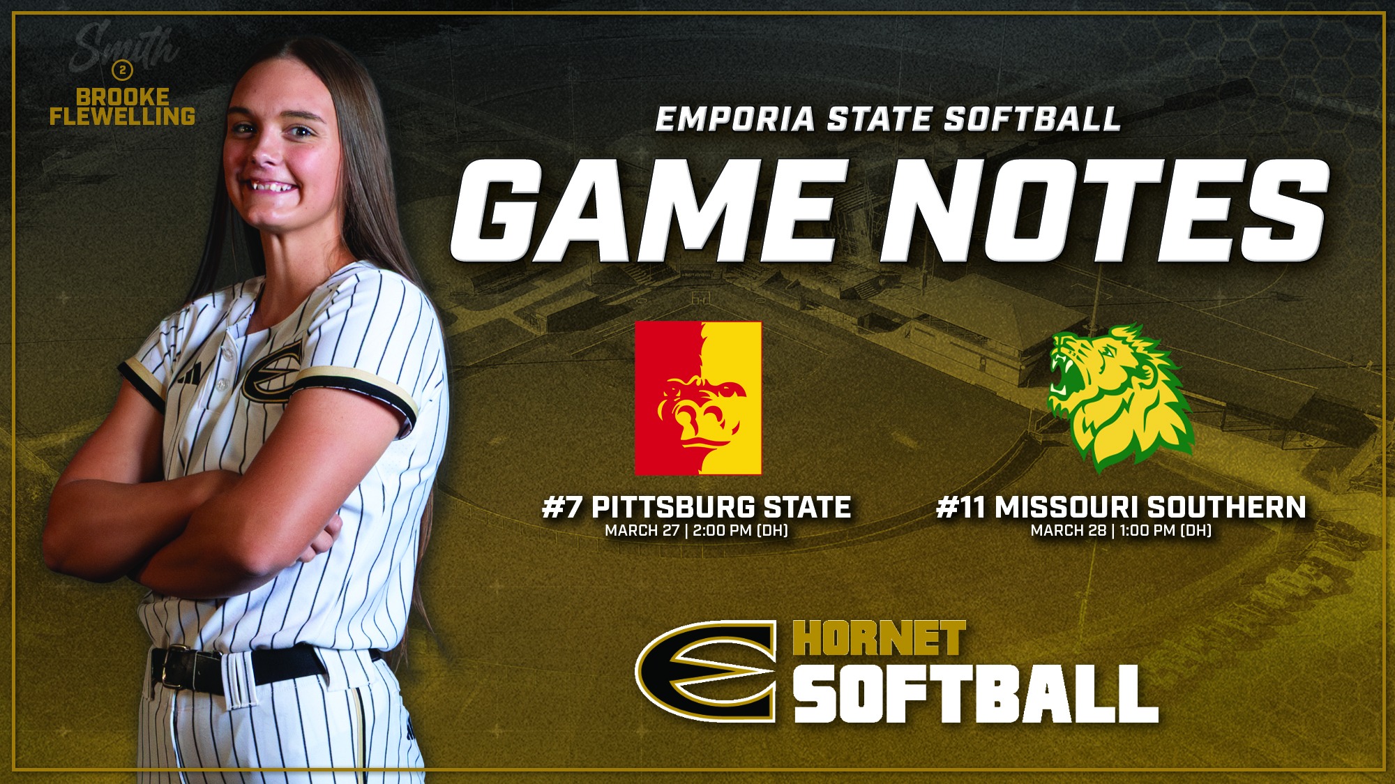 2026 Emporia State Softball Game Notes Graphic for PSU+MSSU with Brooke Flewelling