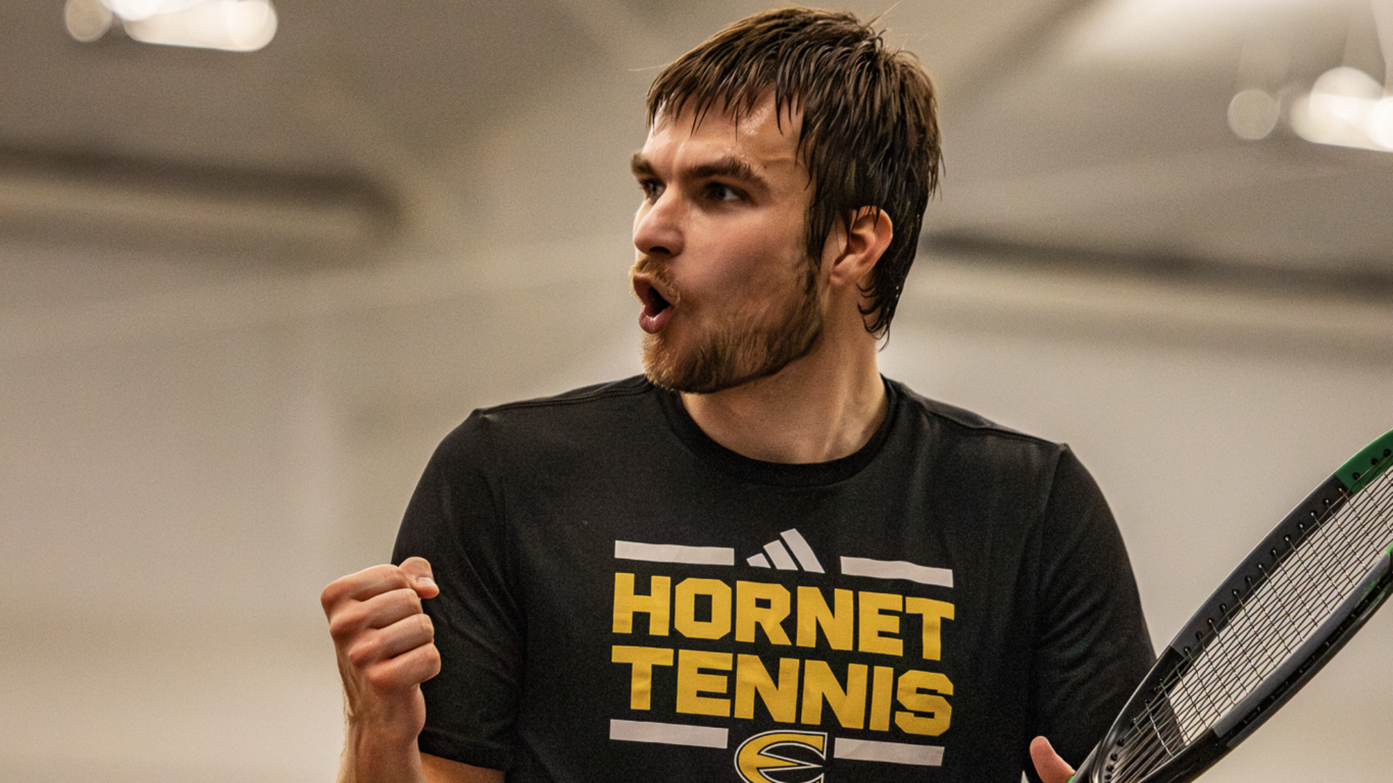 2026 Emporia State Men's Tennis Anton Sarunic Celebrates vs KWU