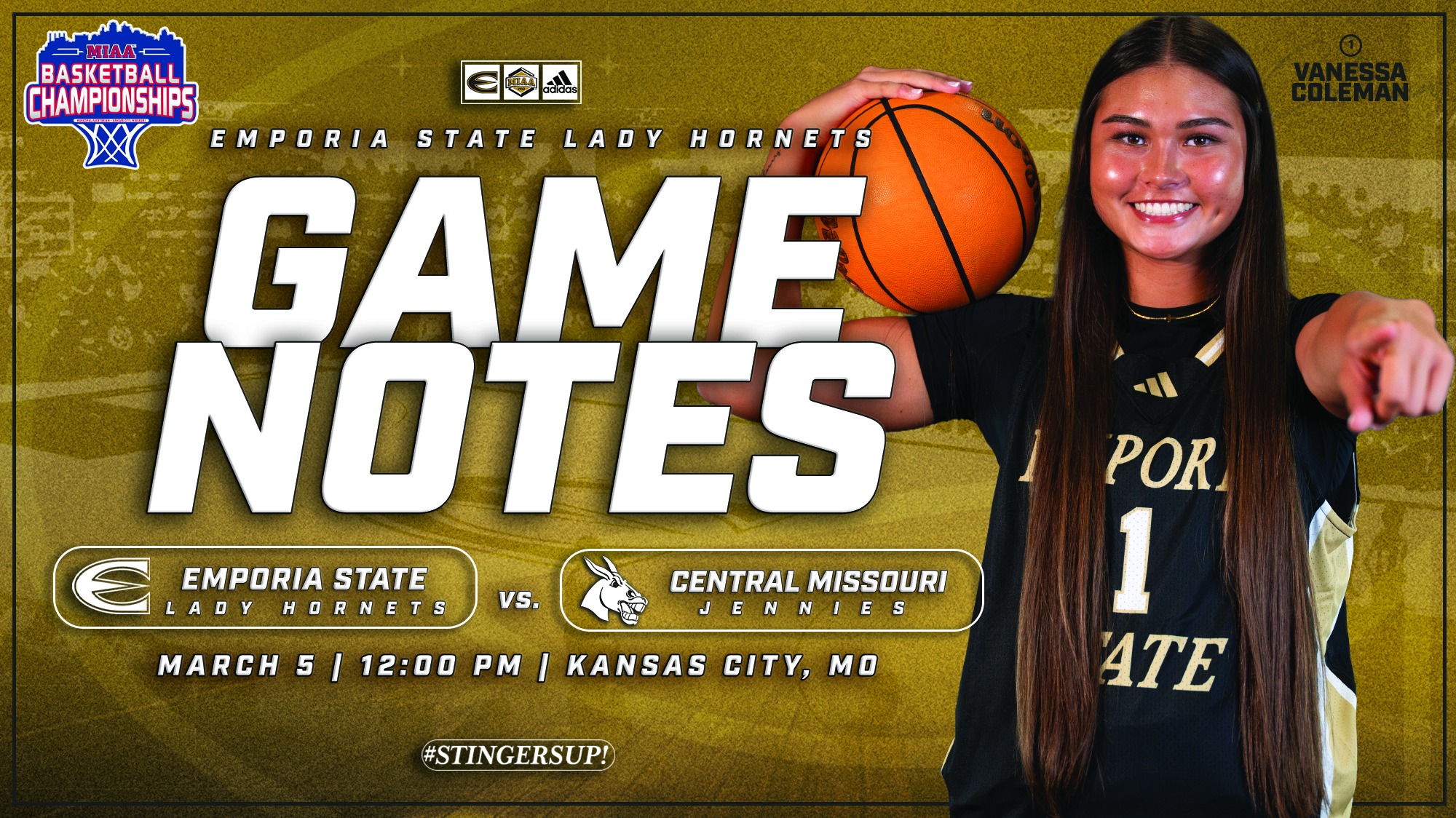 2025-26 Emporia State Lady Hornet Basketball Game Notes Graphic vs UCM in MIAA