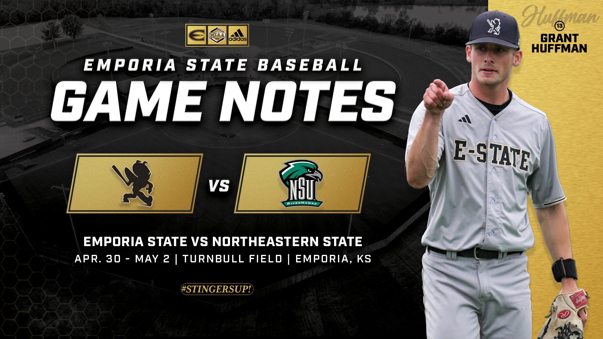 26 ESU Baseball Game Notes Graphic vs Northeastern State, April 30 - May 2, Grant Huffman