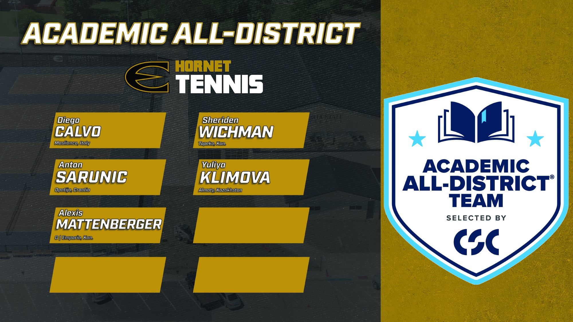 2026 ESU Tennis Academic All-District Graphic for Calvo, Sarunic, Mattenberger, Whichman and Klimova 
