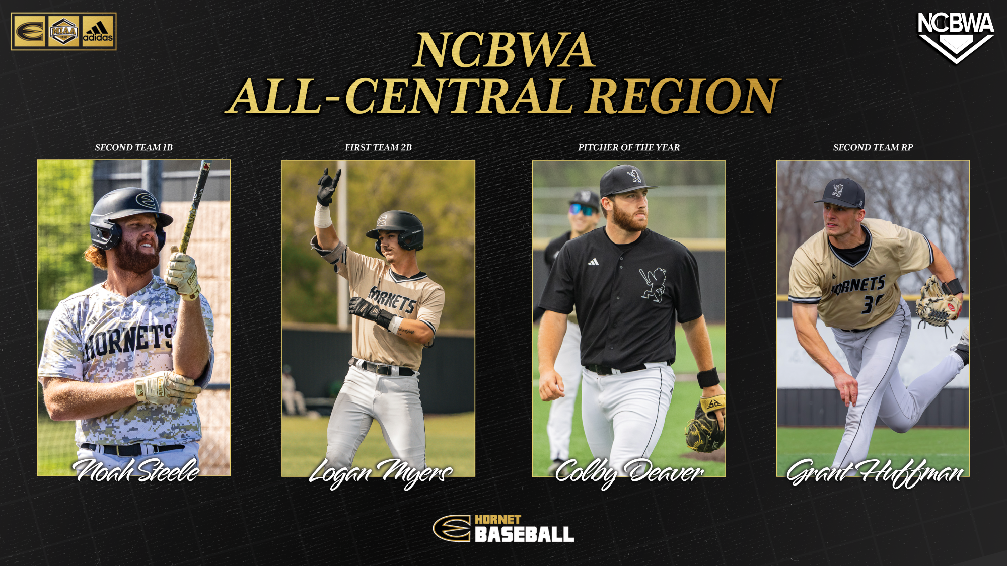 2026 ESU Baseball NCBWA All-Region, Noah Steele, Logan Myers, Colby Deaver, Grant Huffman