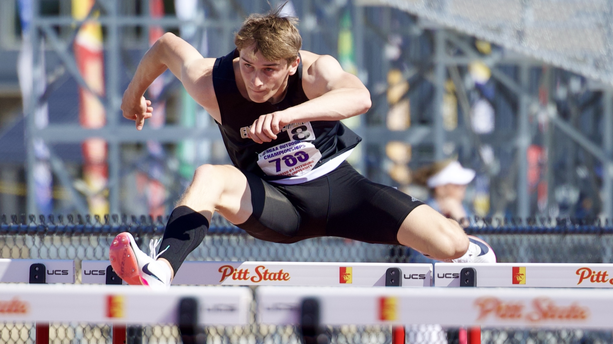 2026 Emporia State Track & Field Luke Grace hurdling at MIAA