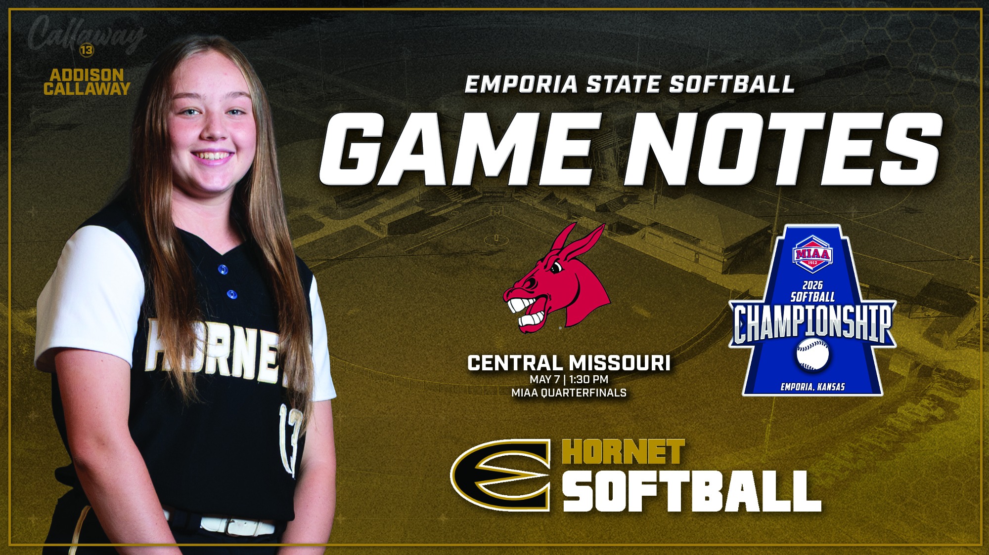 2026 Emporia State Softball Game Notes Graphic vs Central Missourin in MIAA with Addison Callaway