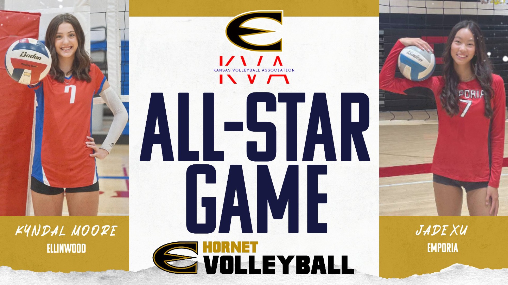 2026 Emporia State Volleyball players Kyndal Moore and Jade Xu in KVA All-Star Game