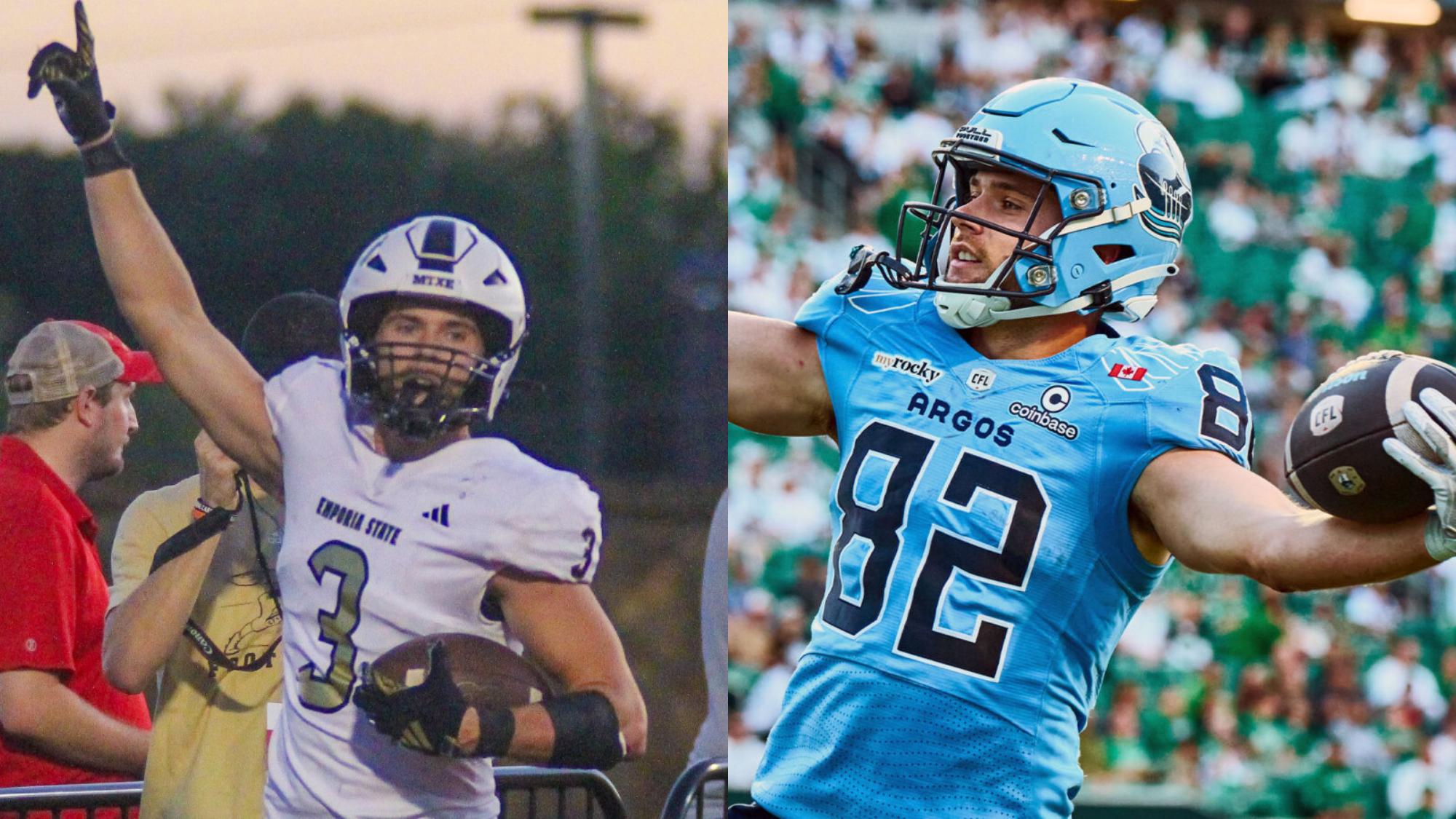 Emporia State's Tyler Kahmann in Emporia State and Toronto Argos Uniforms