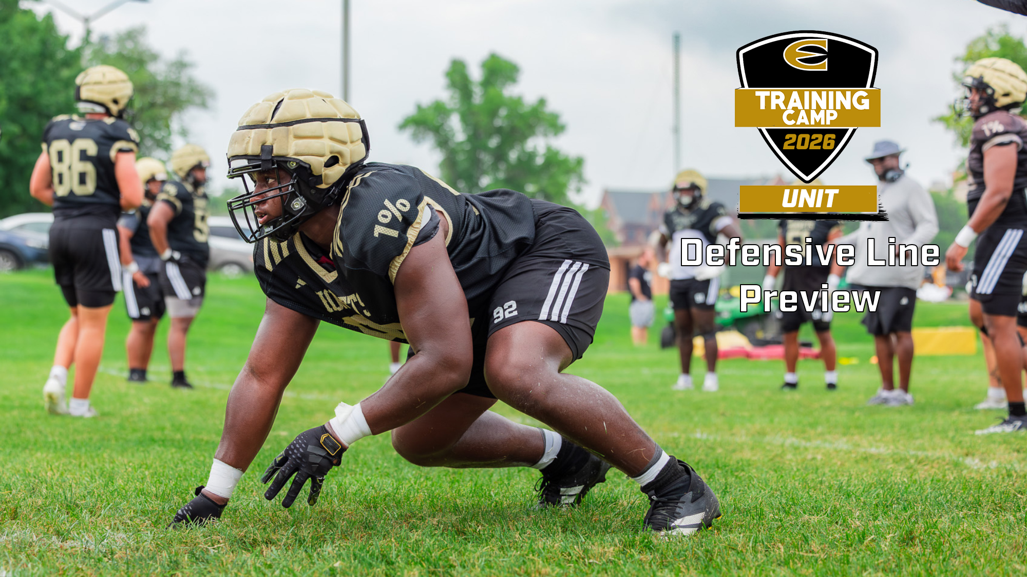 2026 Emporia State Football Training Camp Defensive Line Preview Graphic with Carlos Strong