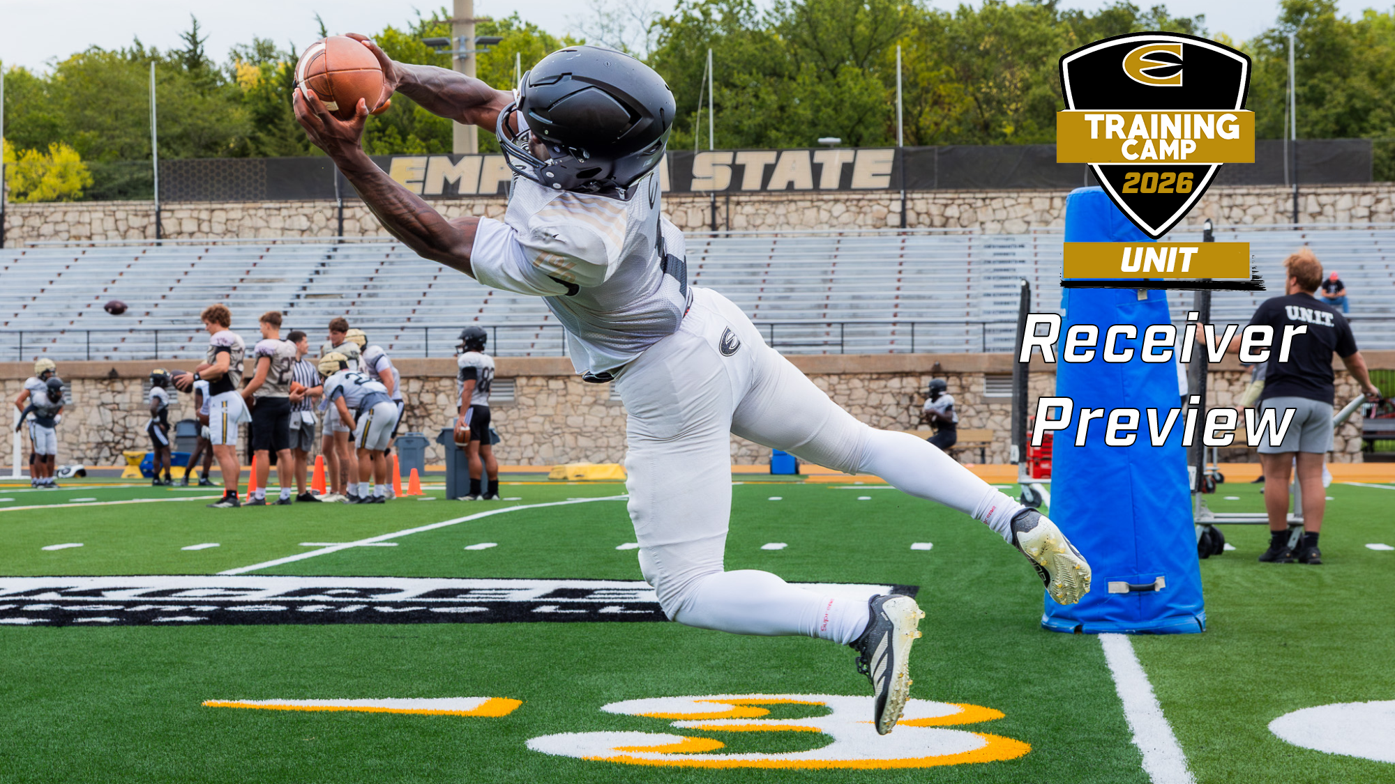 2026 Emporia State Football Training Camp Receiver Preview graphic with Ondraye Beasley